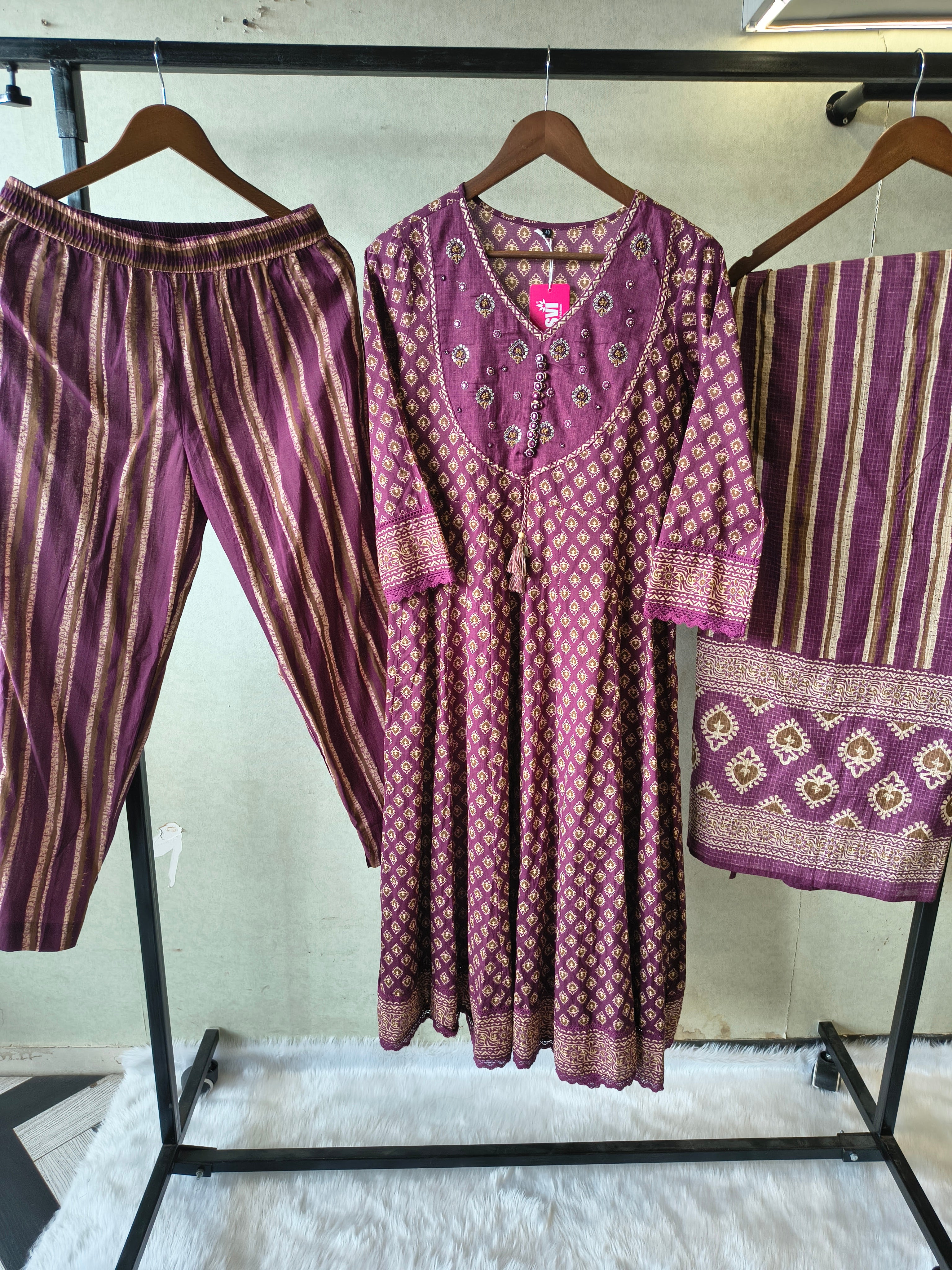 Image of Plum Printed Cotton Anarkali Suit Set with Striped Pants & Dupatta