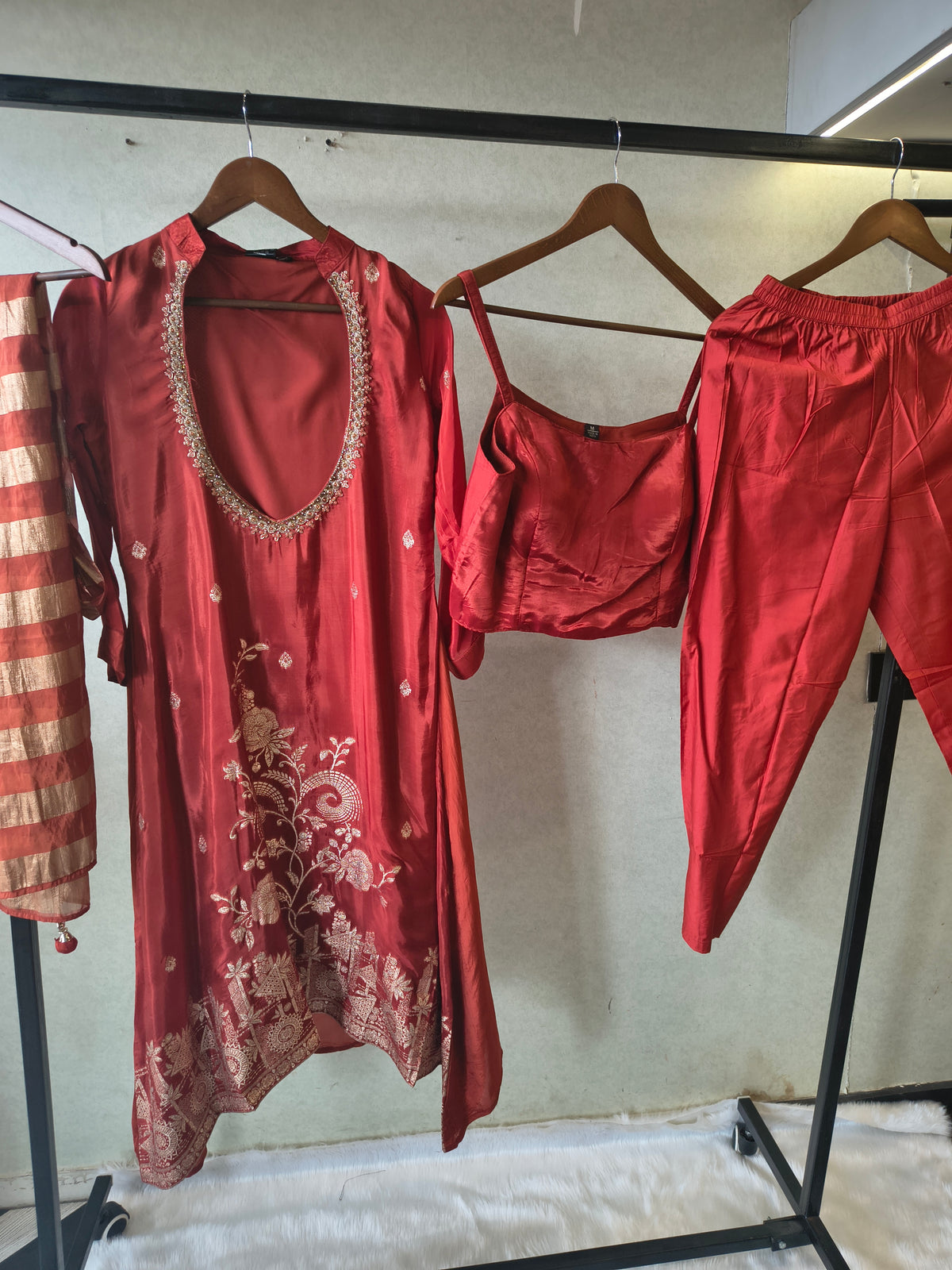 Ruby Red Embroidered Asymmetrical Kurta with Inner, Cigarette Pants & Striped Dupatta – 4 Piece Designer Indo-Western Set