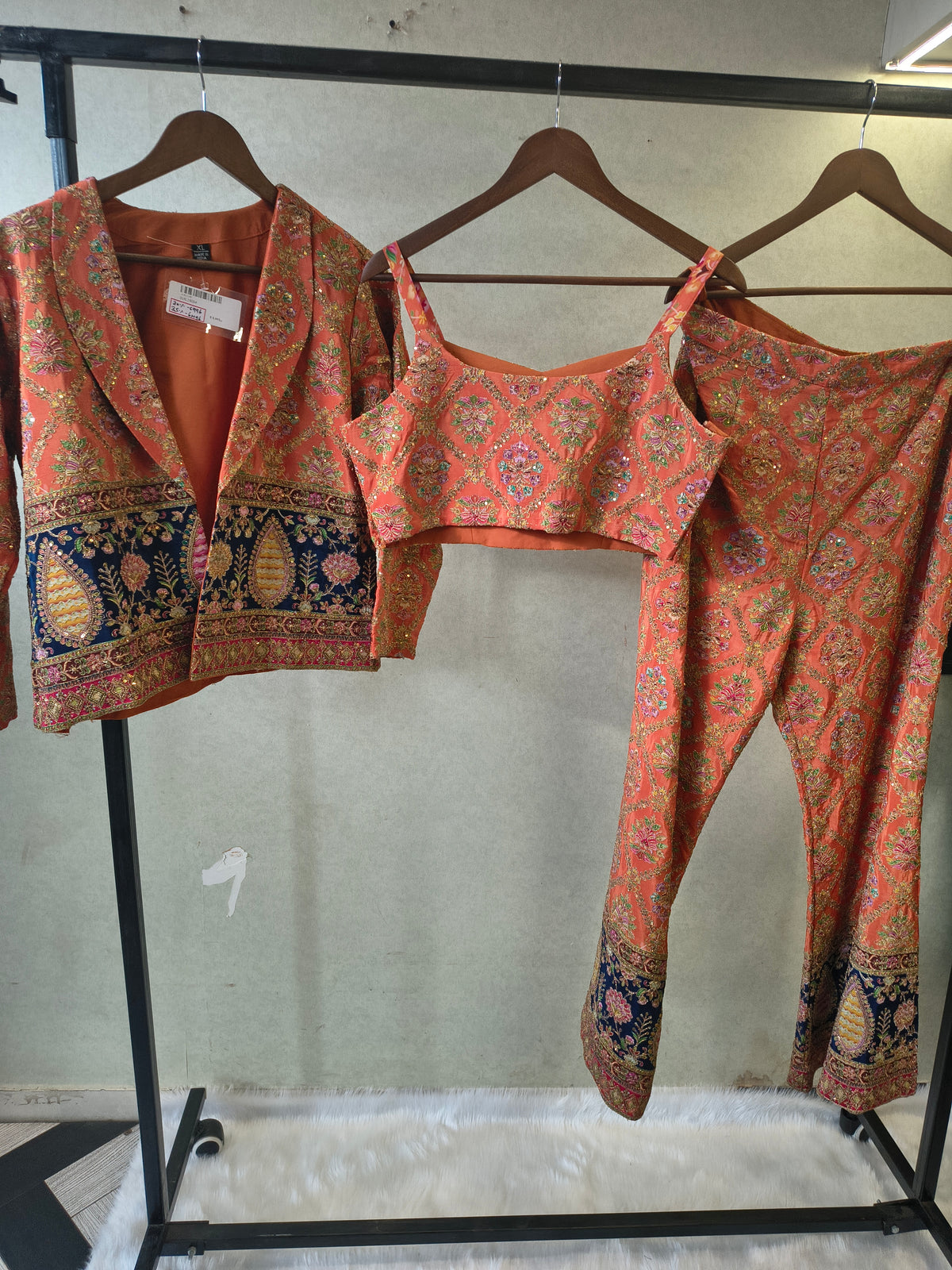 Luxury Coral Brocade Bralette with Embroidered Jacket & Designer Brocade Pants – 3 Piece Indo-Western Co-Ord Set