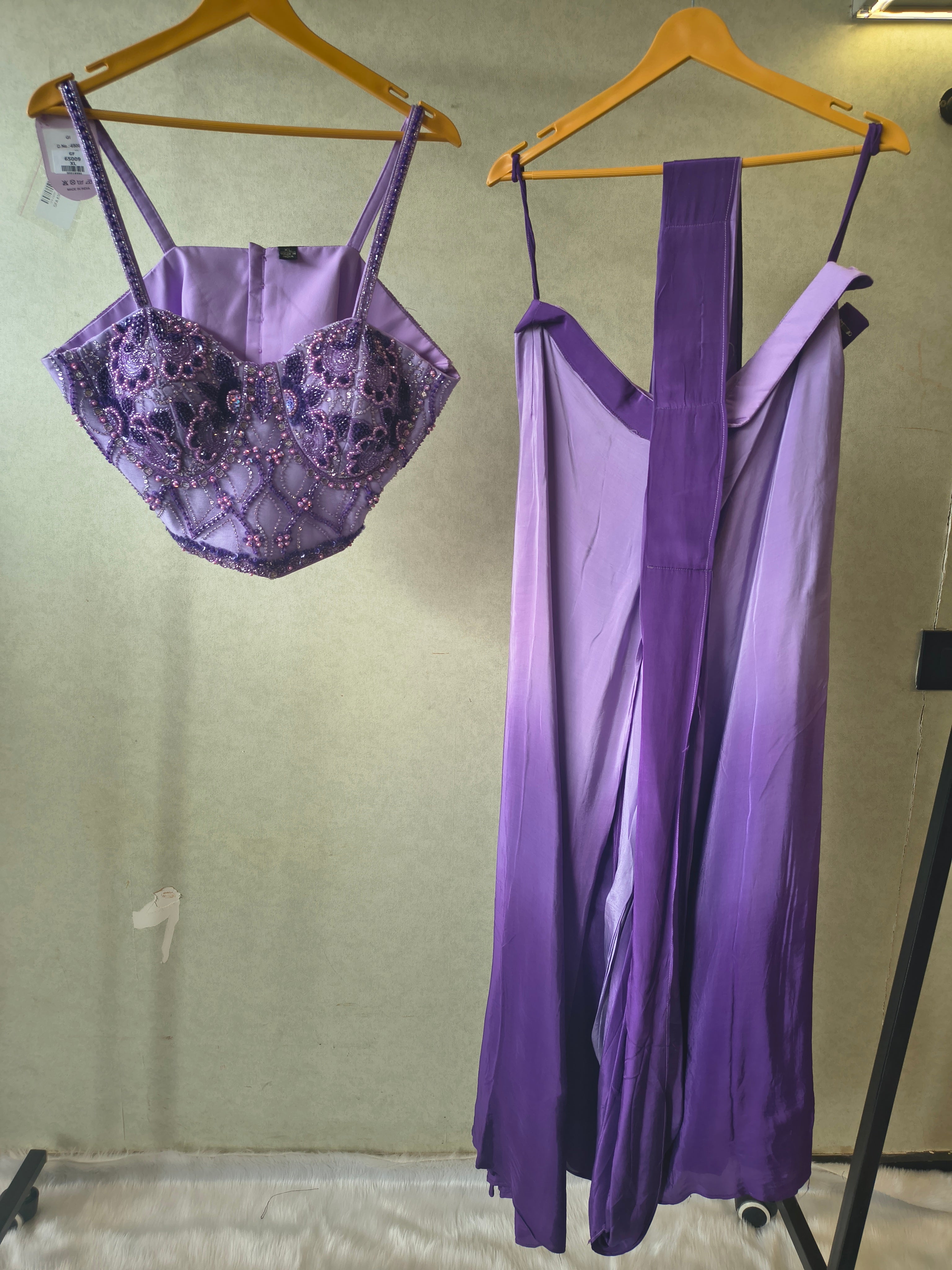 Image of Lavender Embellished Corset Blouse with Drape Palazzo – Designer Indo-Western Party Wear Co-Ord Set