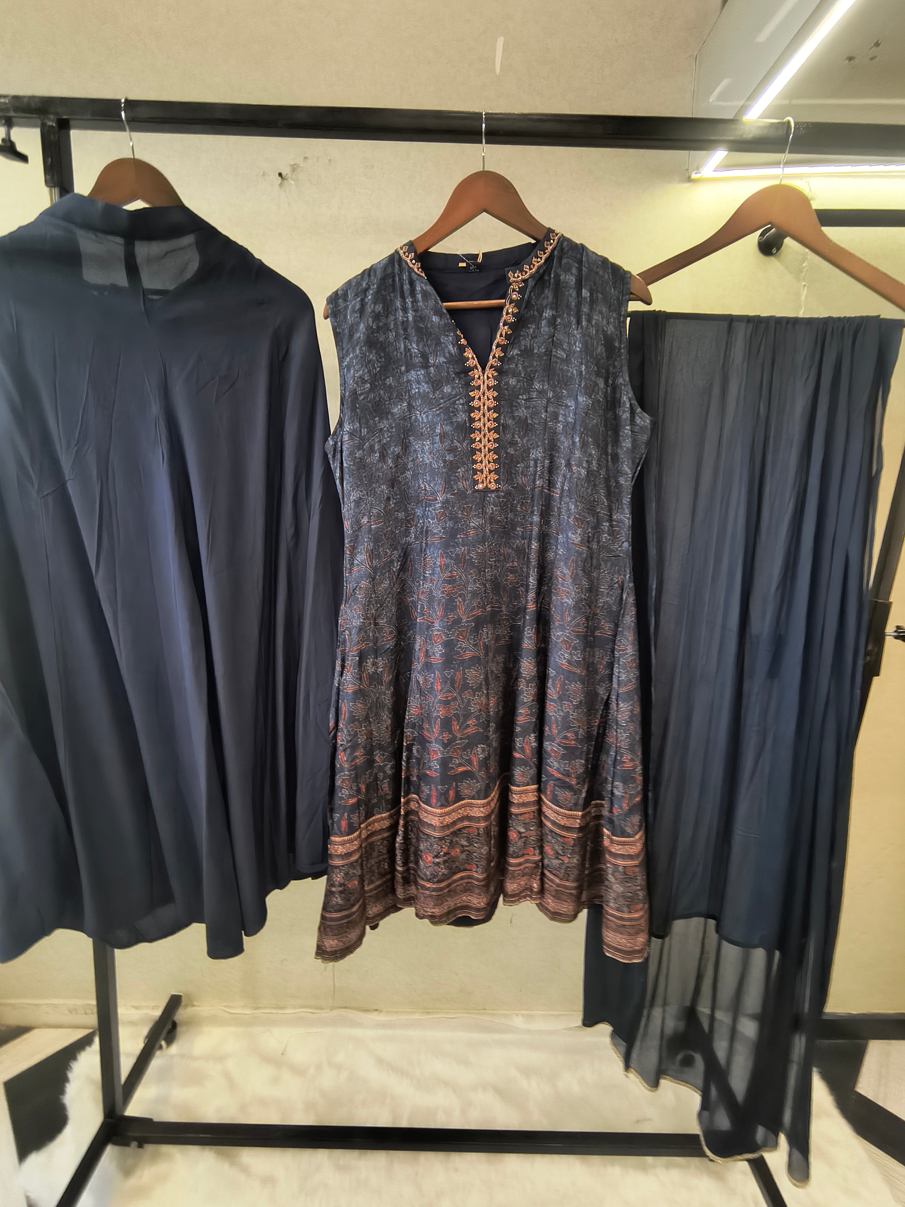 Image of Midnight Navy Printed Anarkali Kurta Set with Embroidered Neckline, Palazzo & Chiffon Dupatta | Premium 3 Piece Festive Ensemble