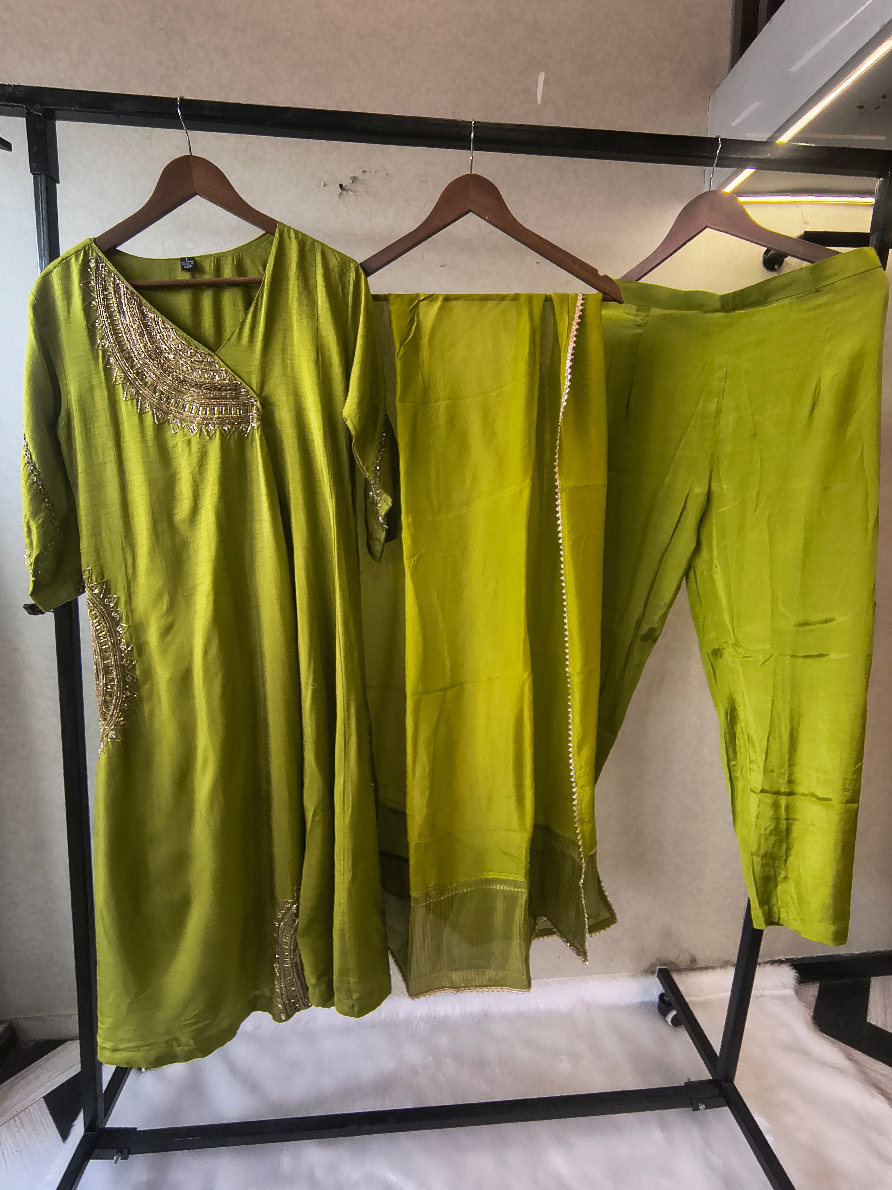 Image of Lime Green Hand-Embroidered Designer Kurta Set with Organza Dupatta | Premium 3 Piece Ethnic Suit