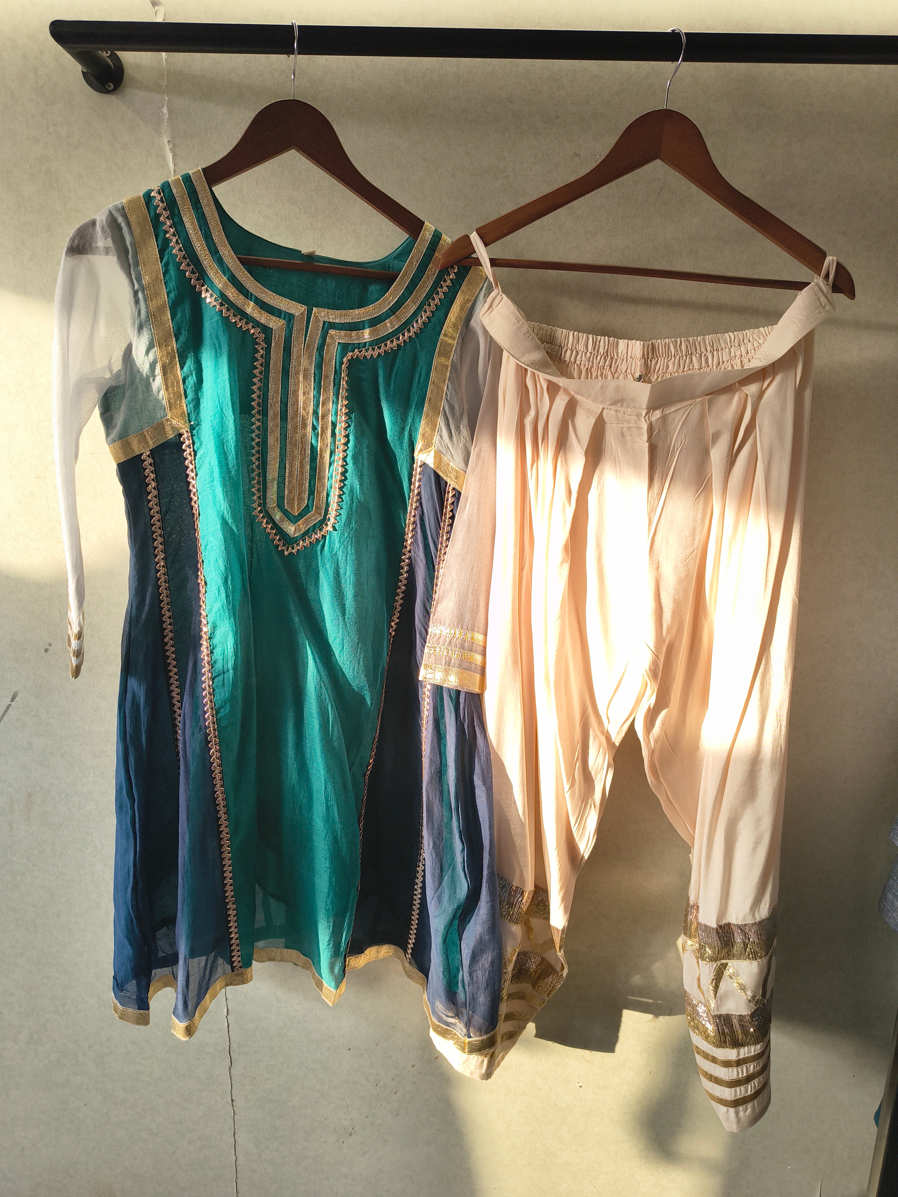 Image of Teal & Navy Colour Block Designer Kurta Set with Gota Patti Dhoti Pants