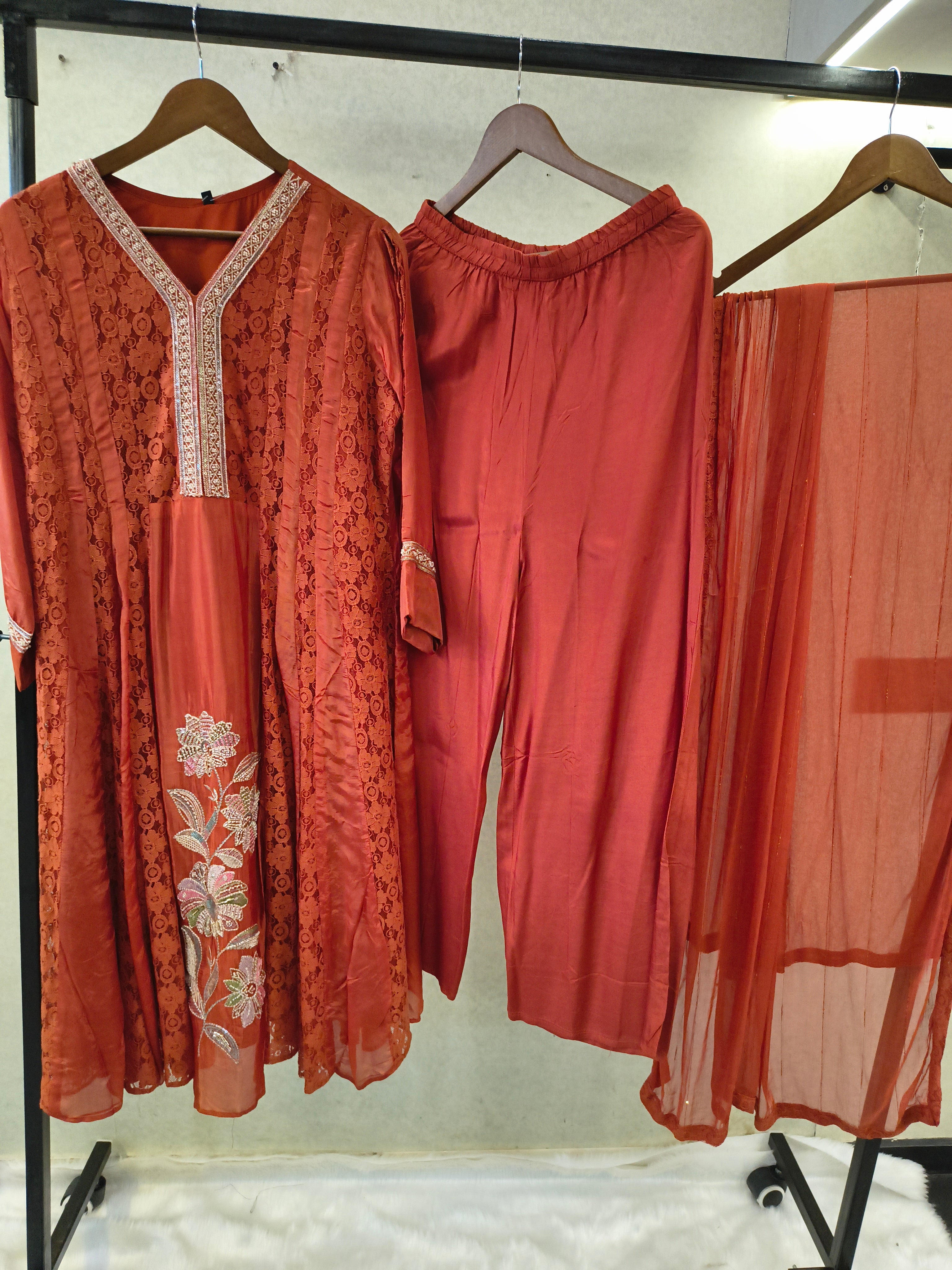Image of Rust Brown Designer Lace Panel Anarkali Kurta Set with Embroidered Floral Motif & Sheer Dupatta | Premium 3 Piece Festive Ensemble