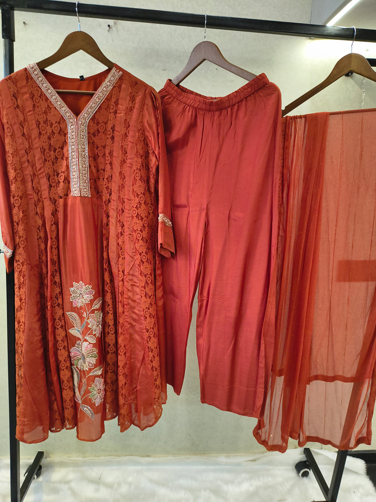 Rust Brown Designer Lace Panel Anarkali Kurta Set with Embroidered Floral Motif & Sheer Dupatta | Premium 3 Piece Festive Ensemble