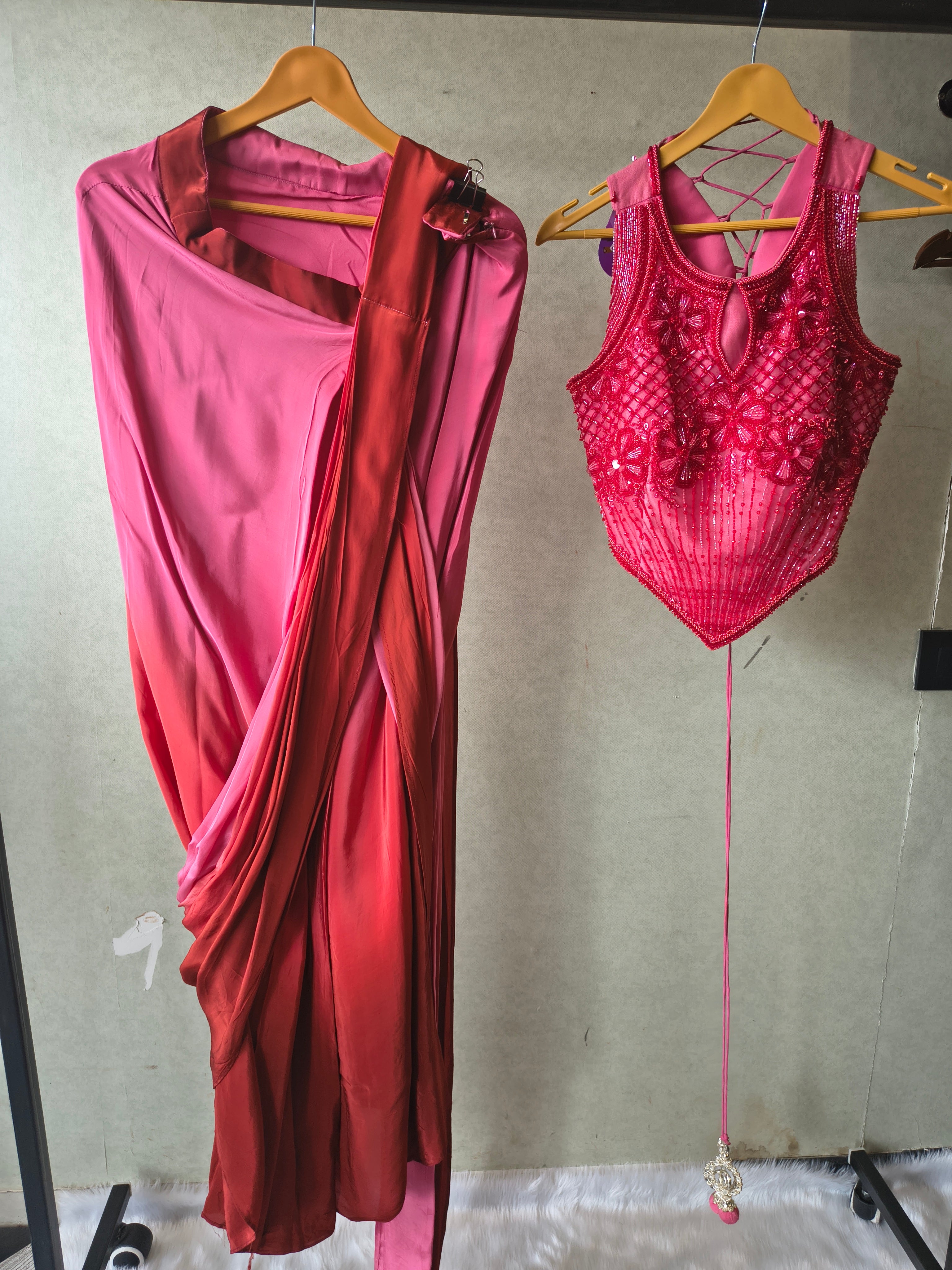 Image of Premium Ombre Pink Pre-Draped Designer Saree with Heavy Hand Embroidered Corset Blouse