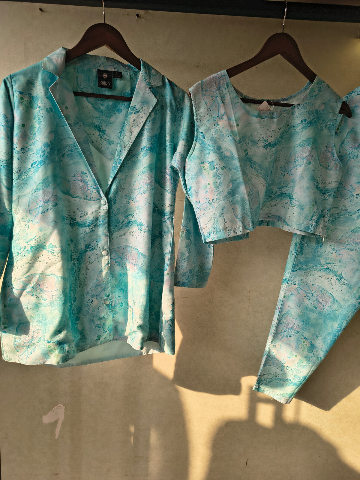 Premium Aqua Marble Print Blazer, Crop Top & Straight Pants Co-Ord Set