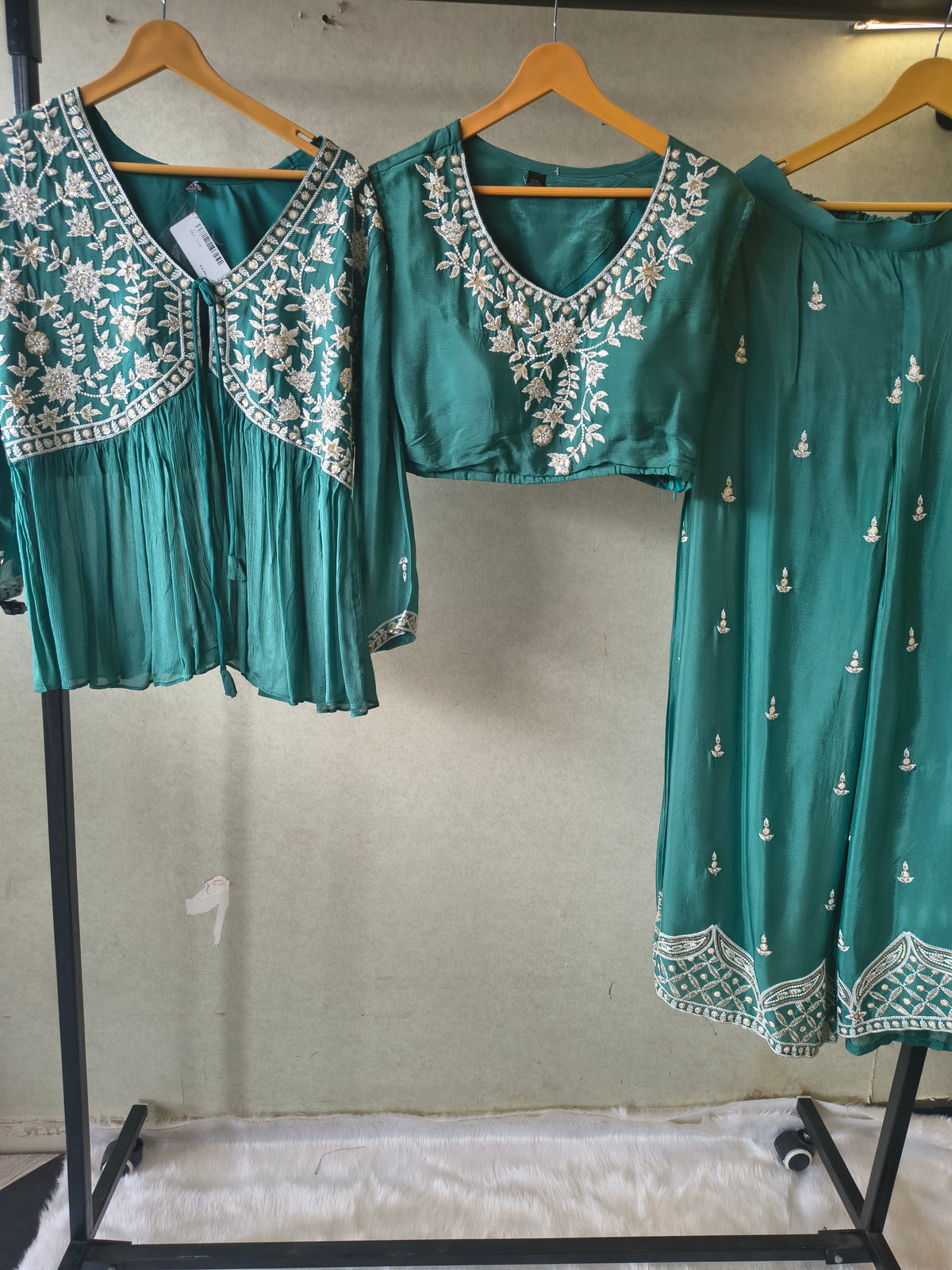 Emerald Green Embroidered Peplum Jacket with Blouse & Flared Palazzo – Designer 3 Piece Indo-Western Set