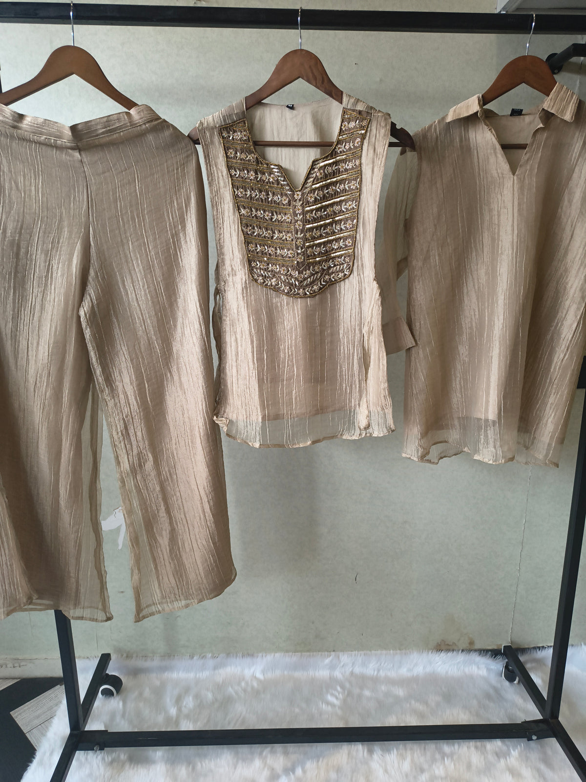 Premium Champagne Gold Tissue Silk 3-Piece Co-Ord Set with Antique Zari Embroidered Jacket, Inner & Palazzo