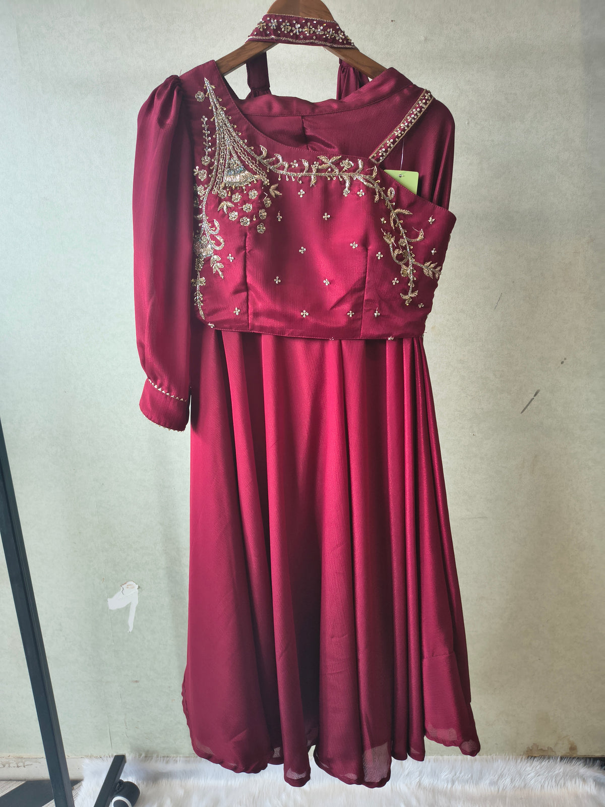 Premium Wine Satin Silk 3-Piece Lehenga Set with Hand Embroidered One-Shoulder Blouse & Dupatta