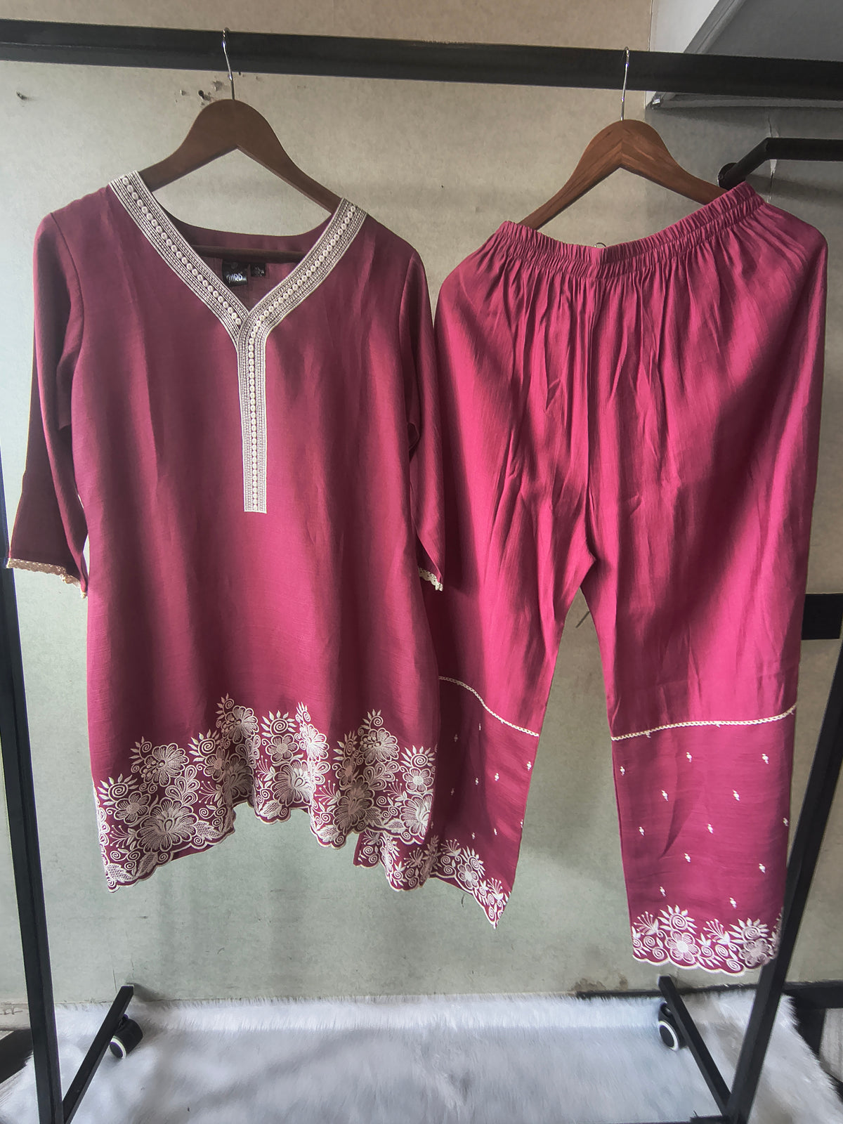 Premium Wine Pink Embroidered Kurta Set with Matching Embroidered Palazzo & Dupatta