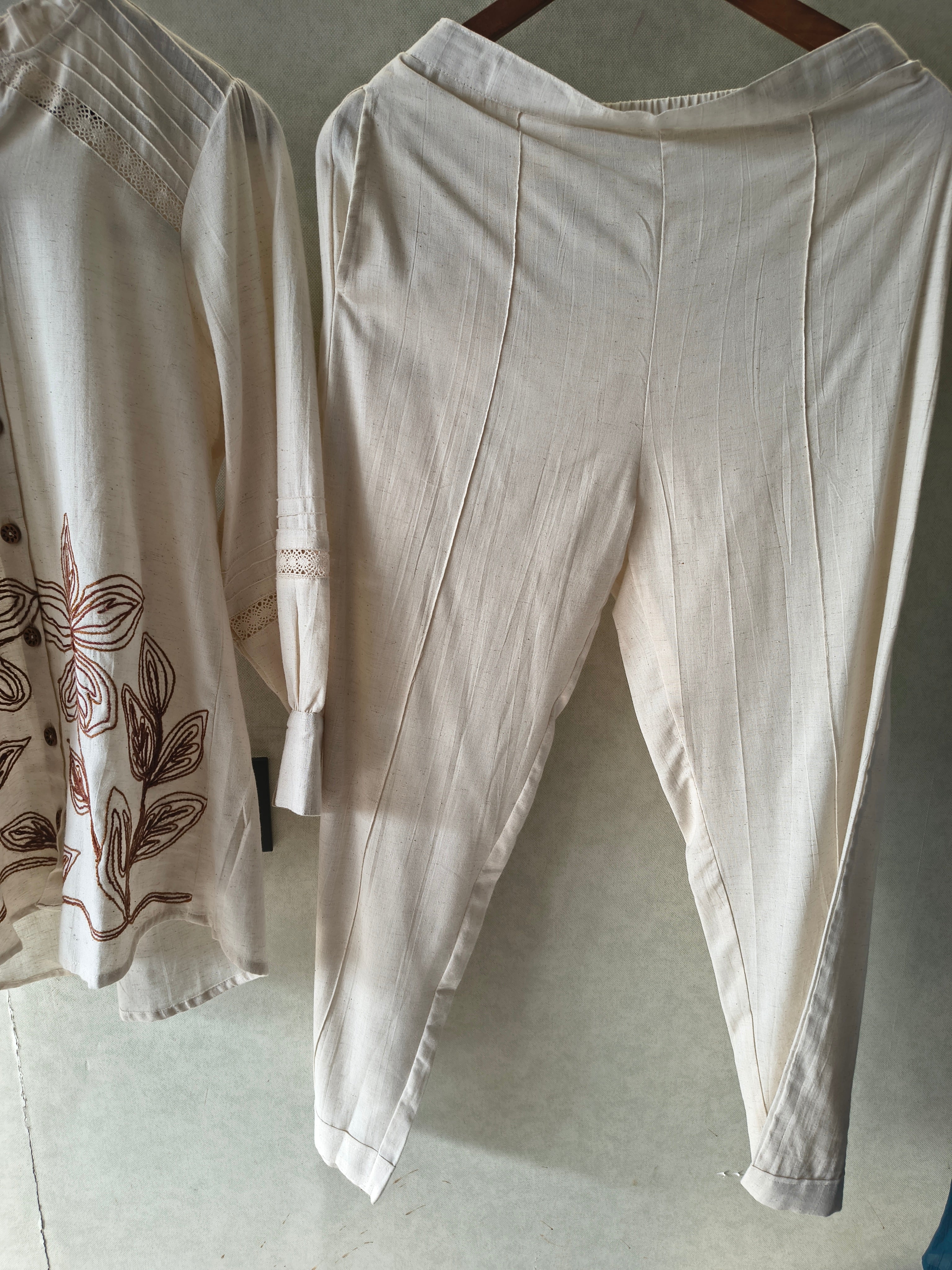 Image of Ivory Botanical Embroidered Pintuck Designer Co-Ord Set