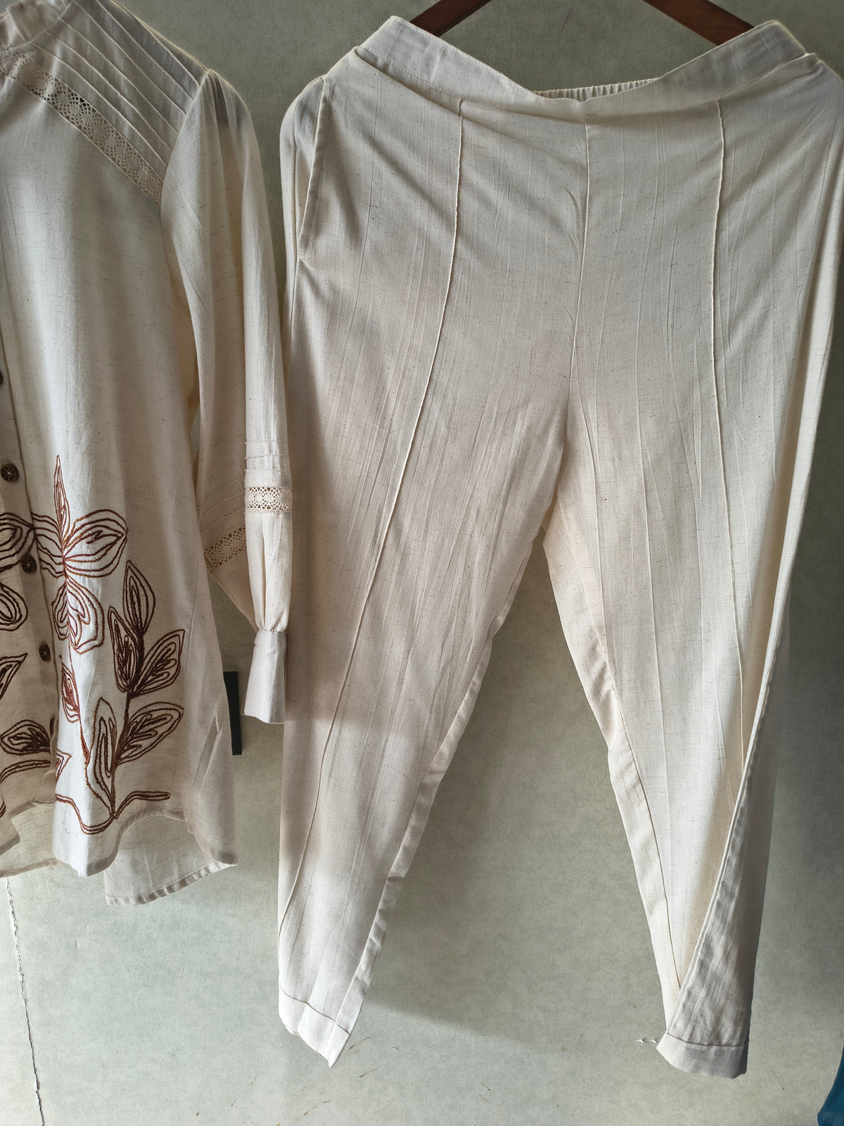 Ivory Botanical Embroidered Pintuck Designer Co-Ord Set