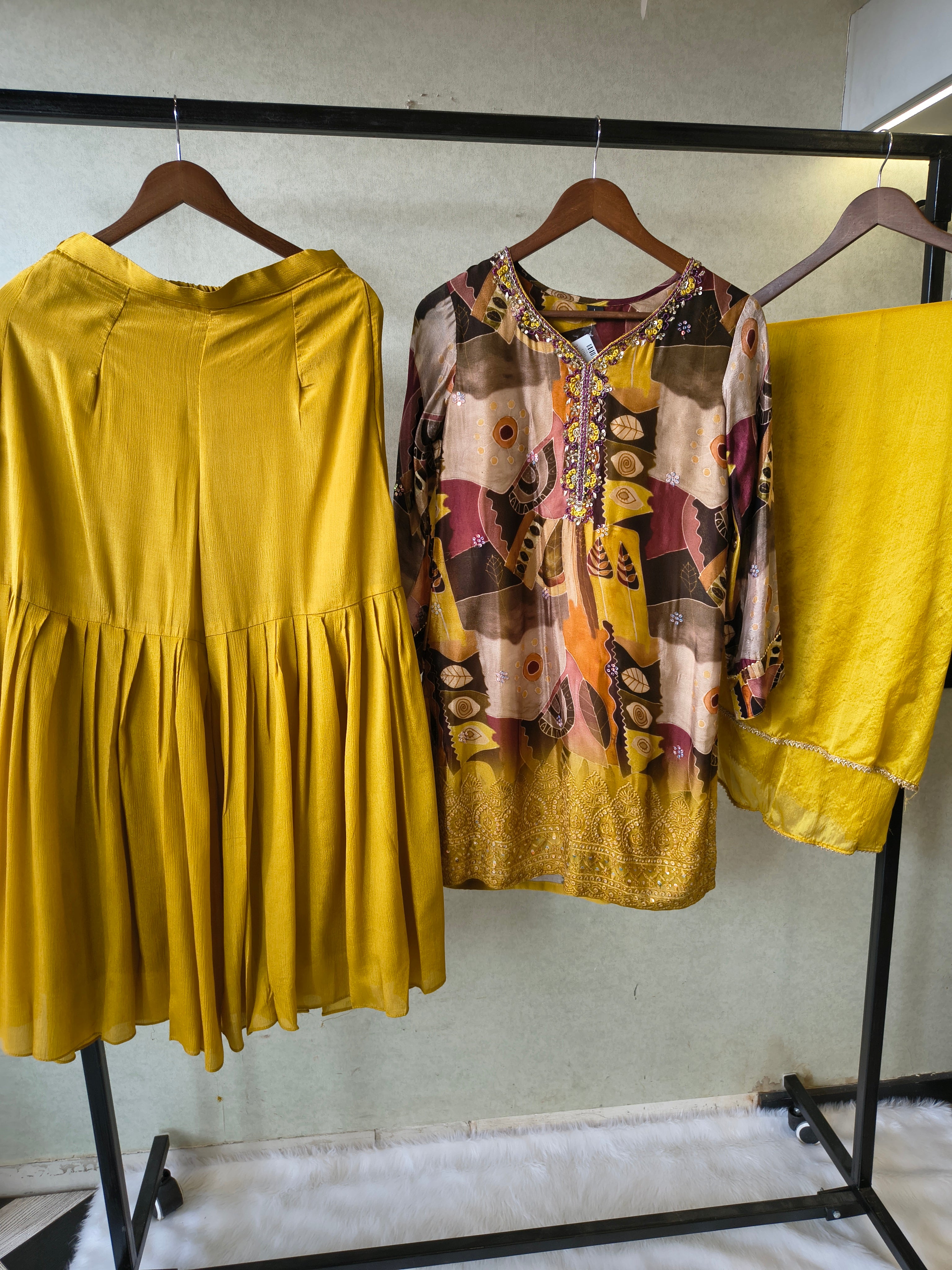Image of Premium Mustard Abstract Printed Kurta with Sharara & Dupatta Set