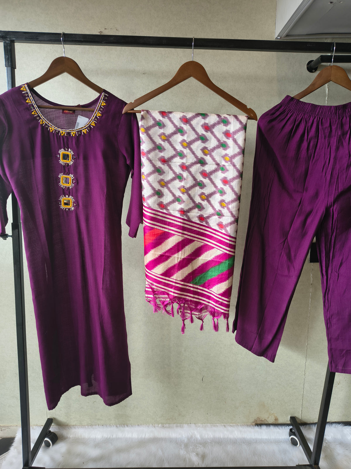 Premium Royal Purple Straight Kurta Set with Mirror Work Neckline, Solid Pants & Ikat Printed Dupatta