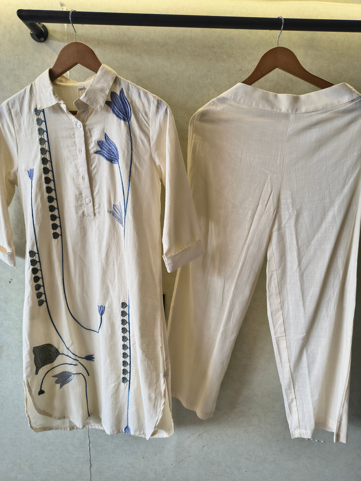 Ivory Botanical Embroidered Cotton Co-Ord Set