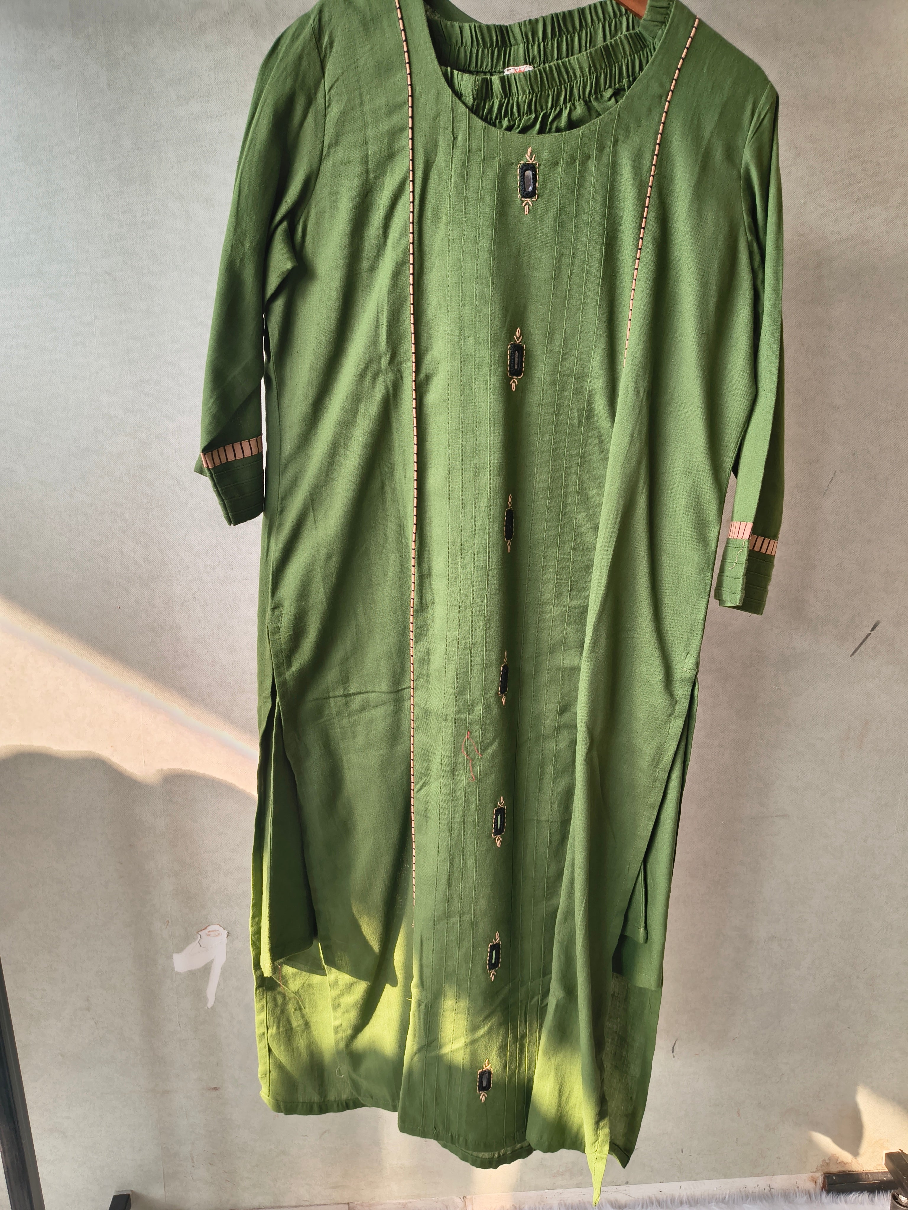 Image of Tadko Premium Olive Green Straight Kurta Co-Ord Set with Embellished Yoke