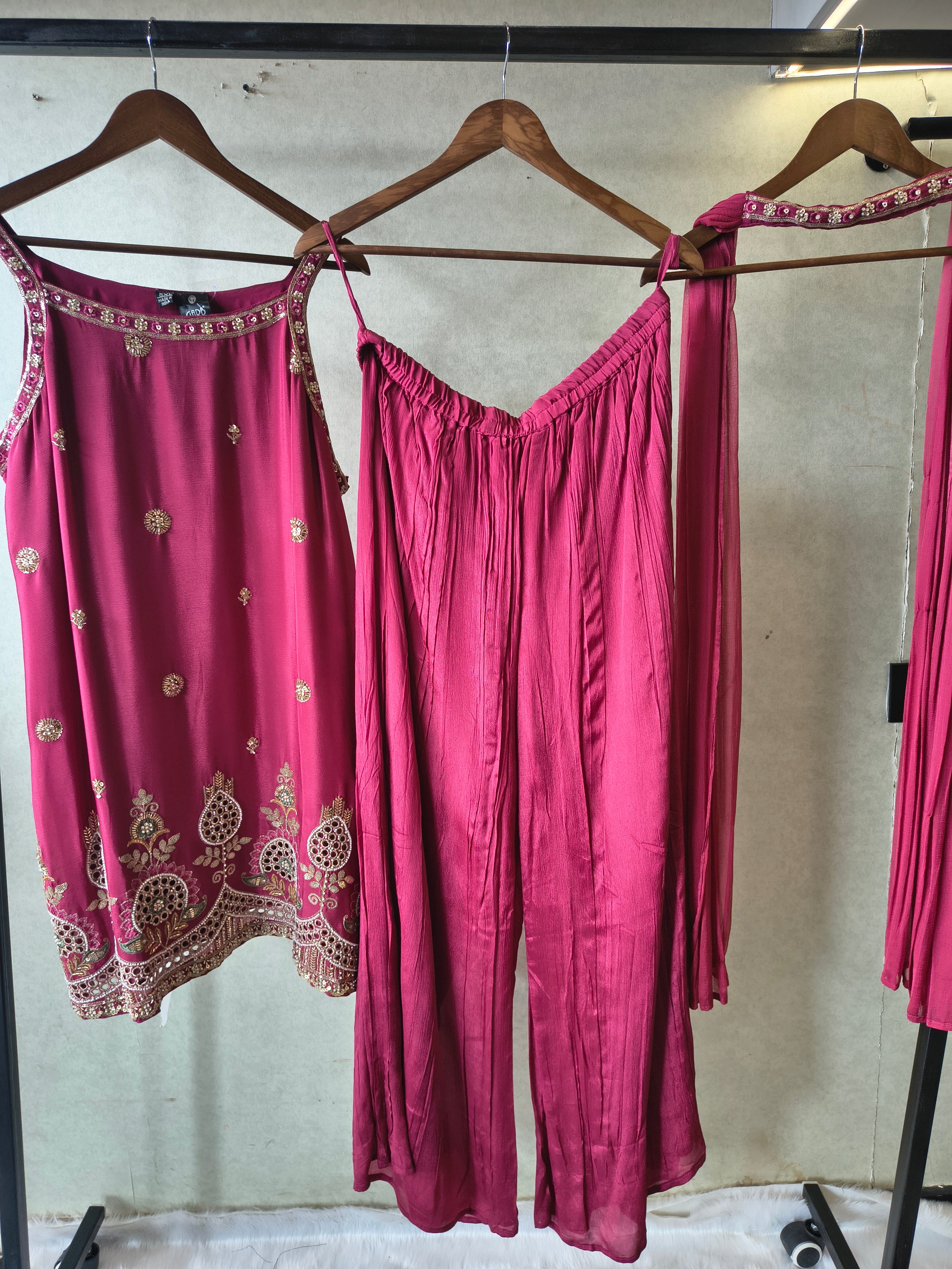 Image of Rani Pink Hand Embroidered Kurta Set with Designer Palazzo & Embellished Dupatta – Premium 3 Piece Festive Ensemble