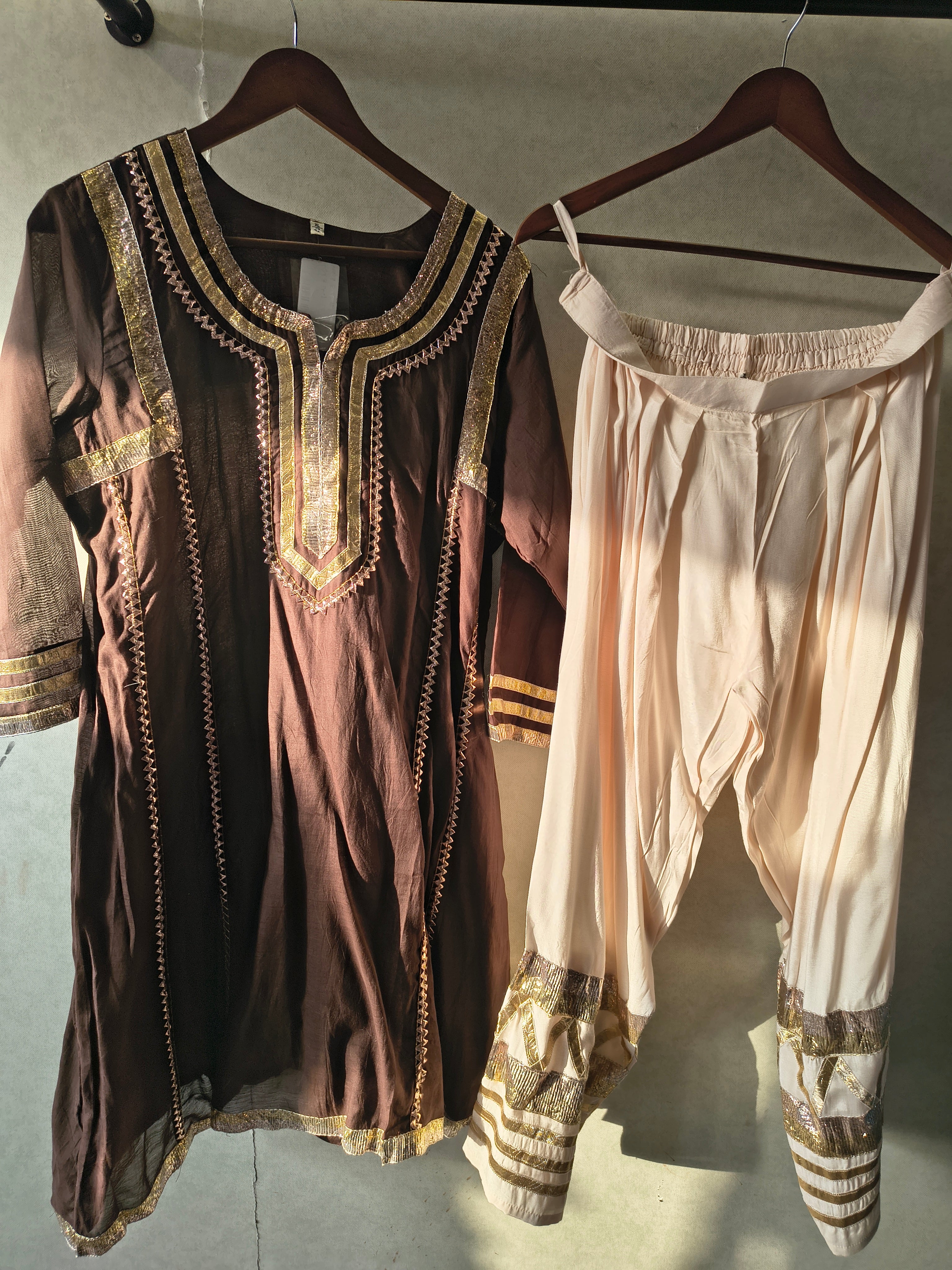 Image of Chocolate Brown Gota Patti Designer Kurta Set with Embellished Dhoti Pants
