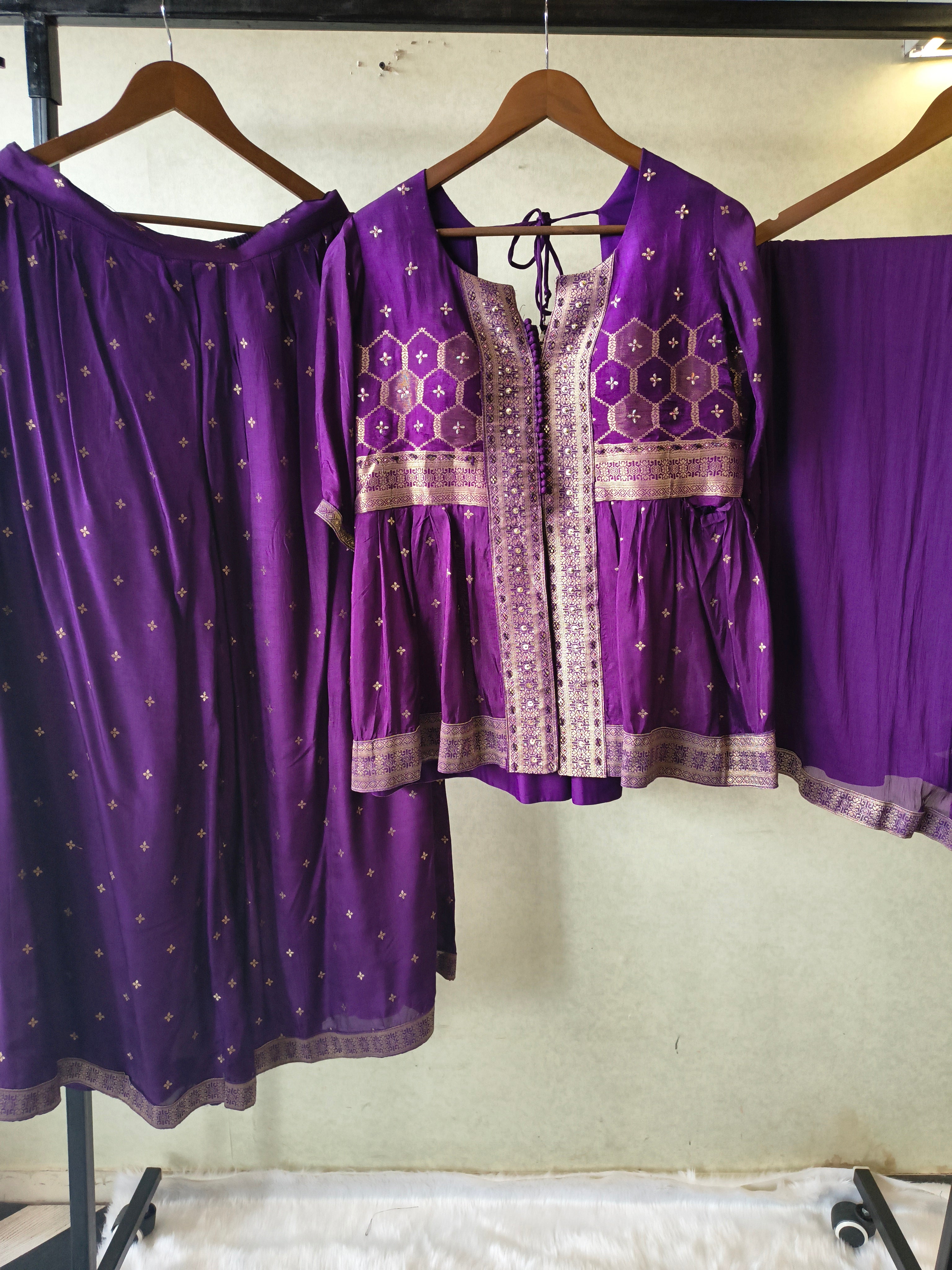 Image of Royal Purple Tissue Silk Embroidered Peplum Jacket with Flared Palazzo & Designer Dupatta – 3 Piece Festive Indo-Western Set