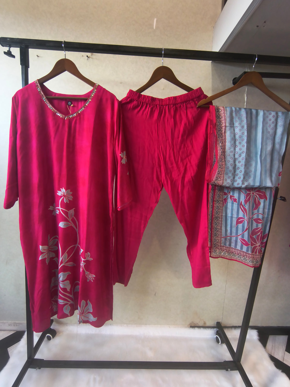 Premium Fuchsia Floral Printed Kurta Set with Embellished Neckline & Contrast Dupatta