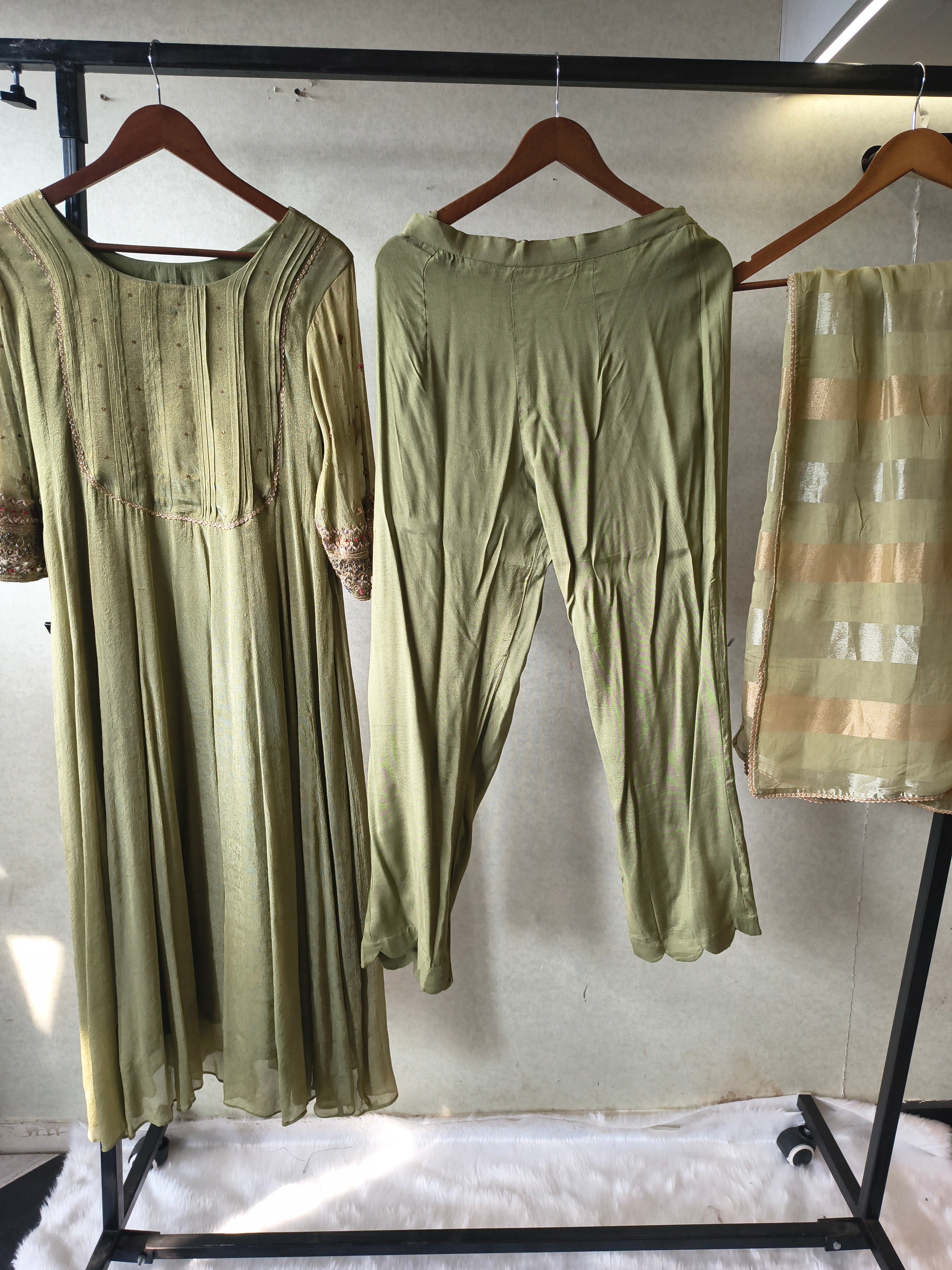 Image of Sage Green Georgette Anarkali Suit Set with Pintuck Yoke, Embroidered Sleeves & Metallic Striped Dupatta – Premium 3 Piece Ethnic Ensemble