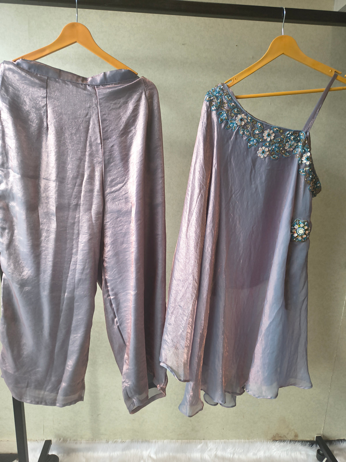 Designer Lilac One-Shoulder Cape Top with Draped Tulip Pants – Luxury Indo-Western Co-Ord Set