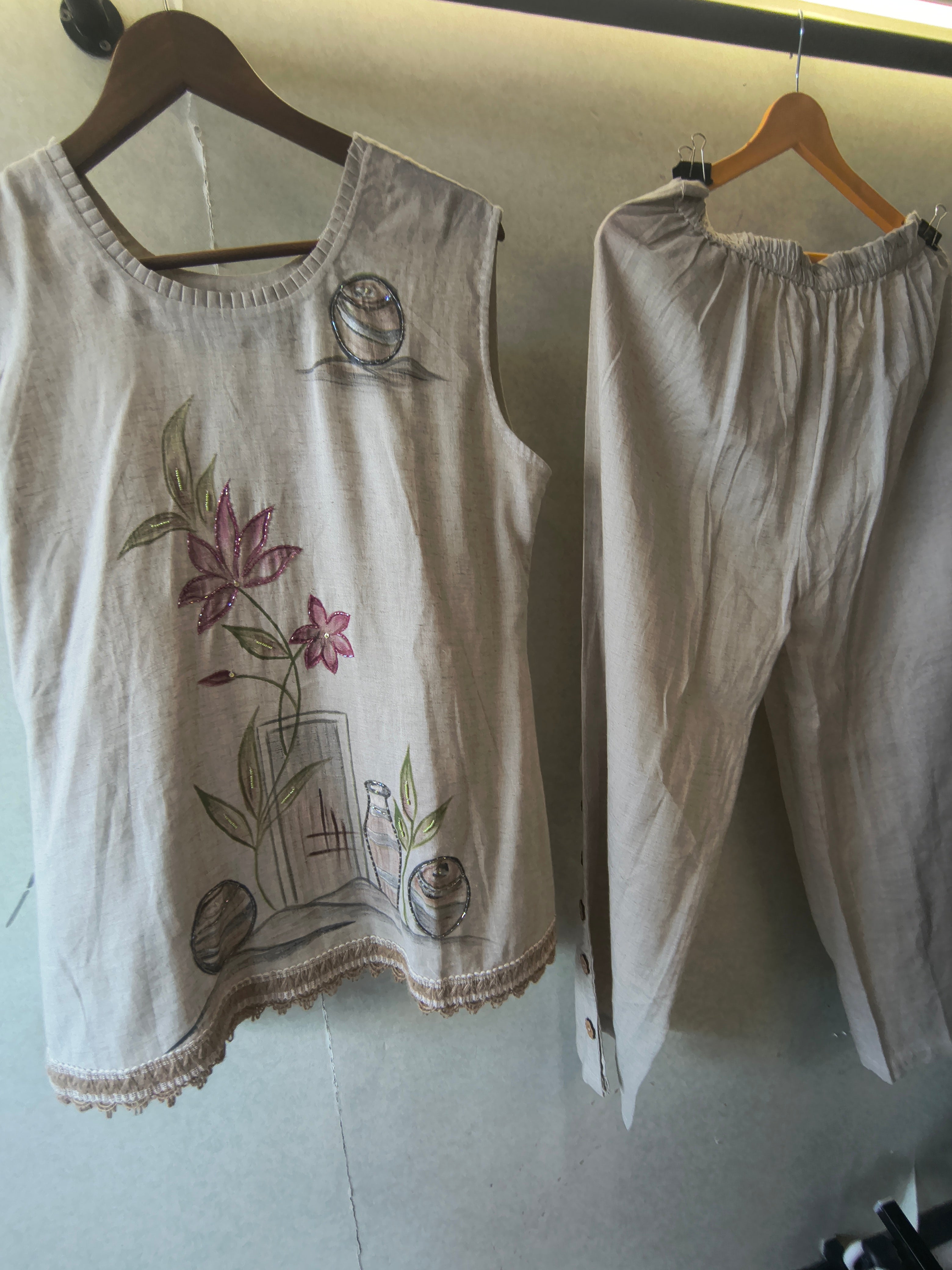 Image of Ivory Floral Hand-Painted Linen Co-Ord Set