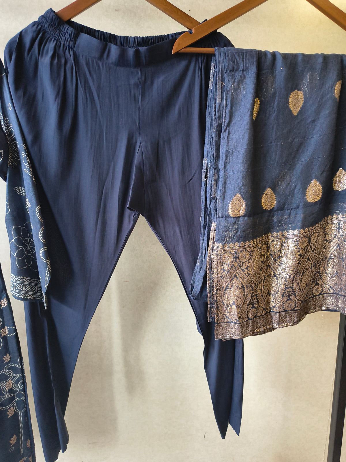 Premium Midnight Blue Zari Printed Kurta Set with Banarasi Dupatta