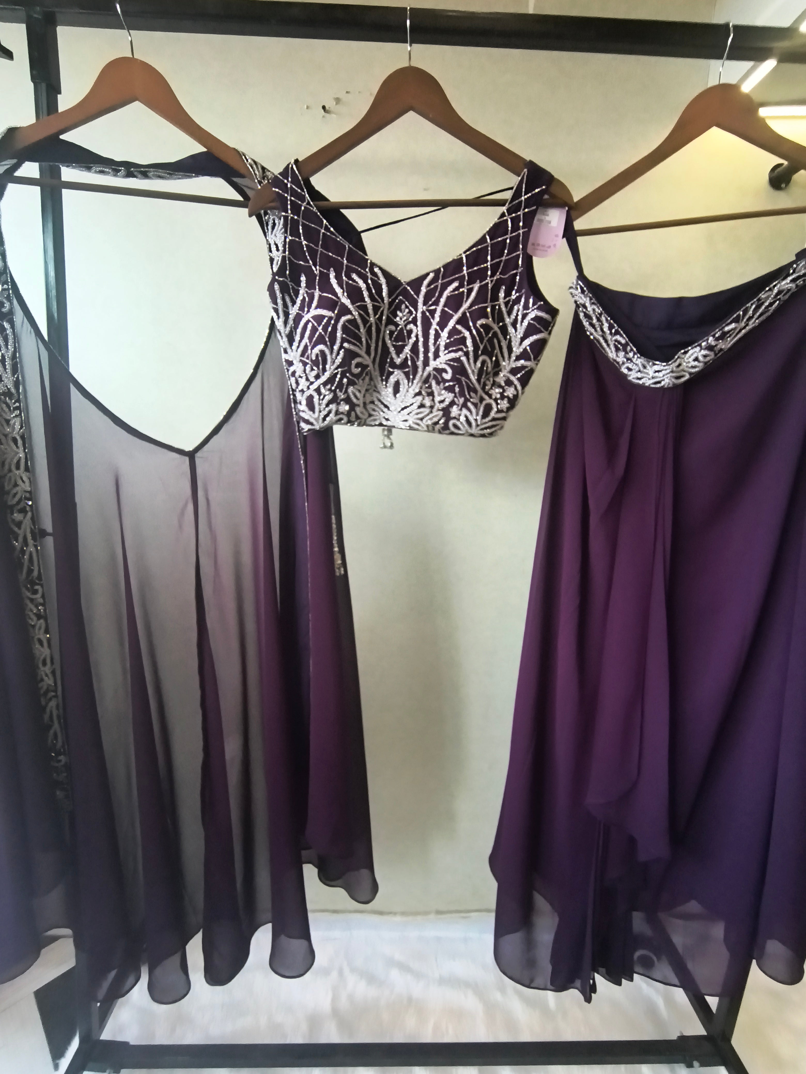 Image of Royal Purple Embroidered Designer Blouse with Drape Palazzo & Embroidered Cape – 3 Piece Indo-Western Party Wear Set
