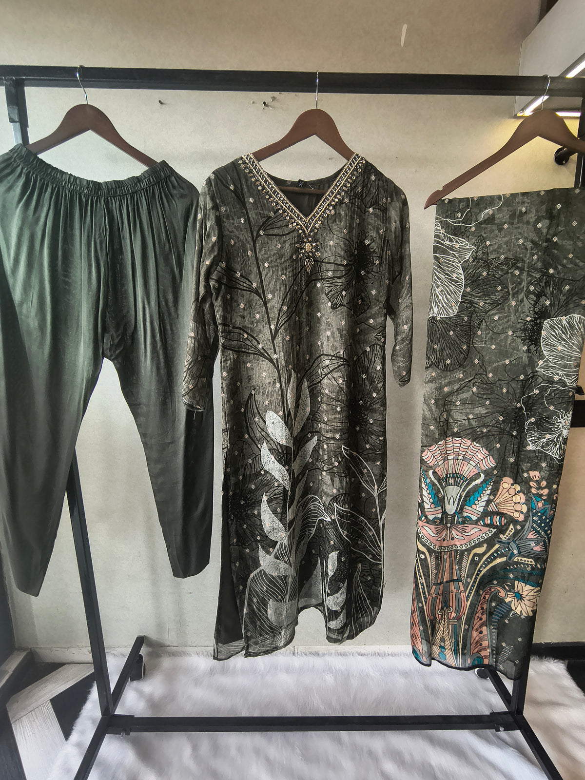 Premium Olive Botanical Print Straight Kurta with Cigarette Pants & Dupatta Set