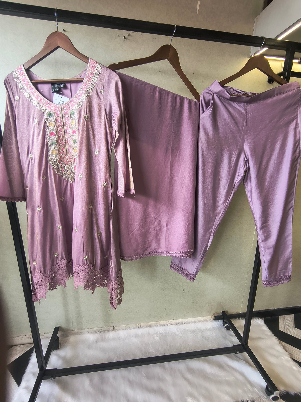 Premium Dusty Lilac Embroidered Kurta Set with Lace Hem & Dupatta