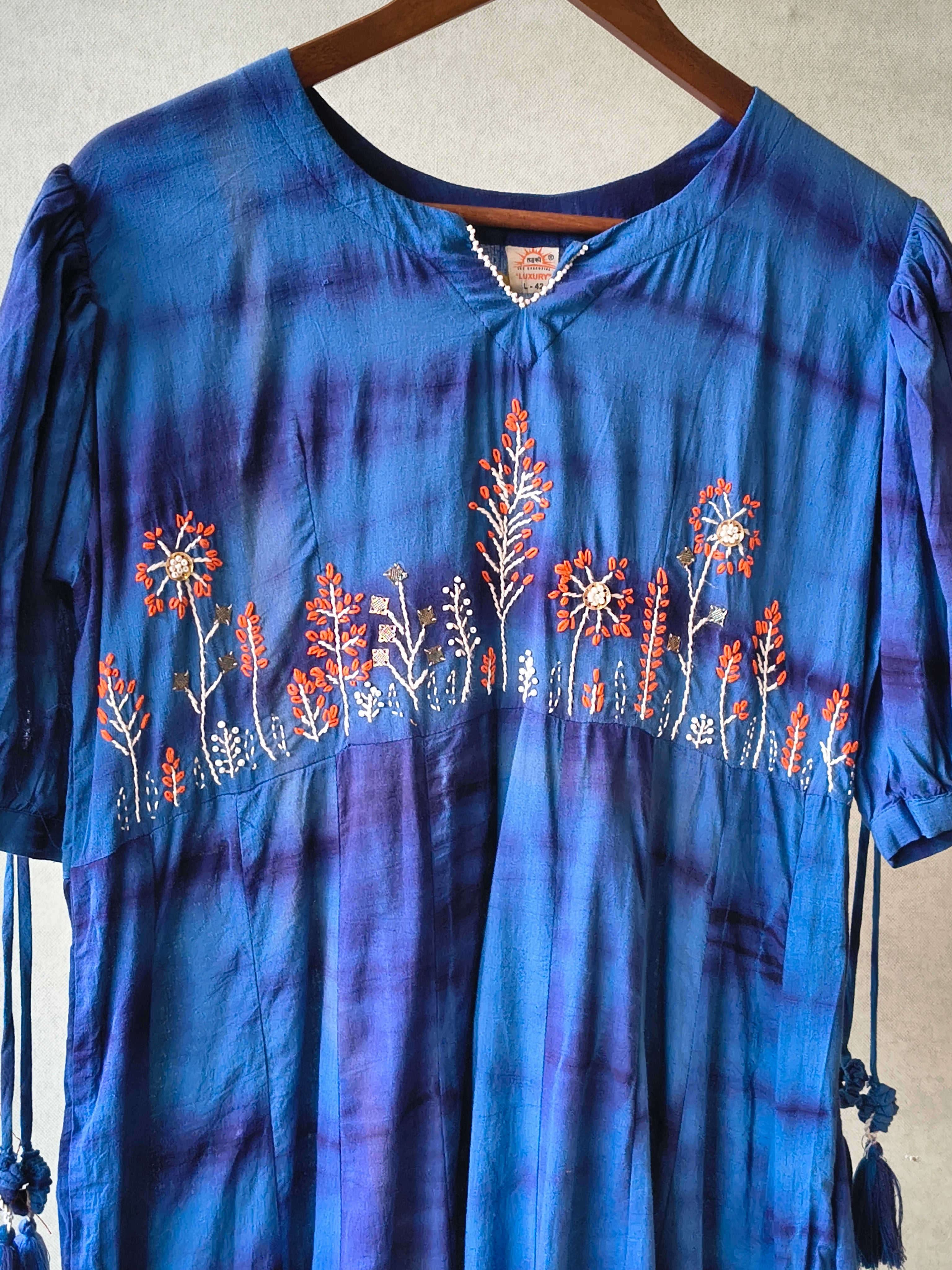Image of Premium Indigo Tie-Dye Embroidered Cotton Flared Dress