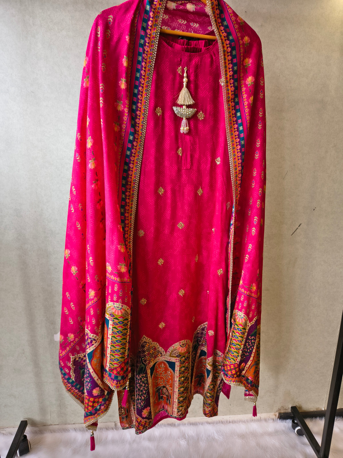 Premium Rani Pink Printed Straight Kurta with Cigarette Pants & Dupatta Set