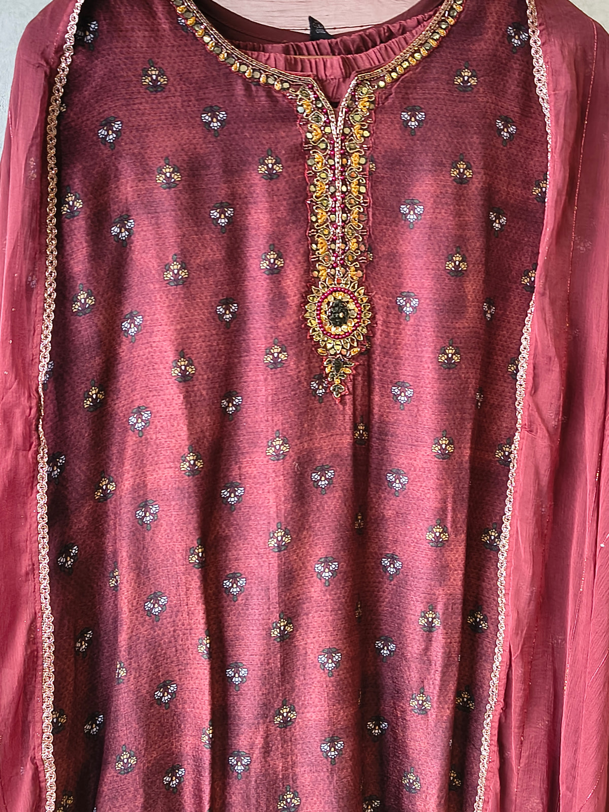 Premium Wine Floral Border Kurta with Straight Pants & Shimmer Dupatta Set