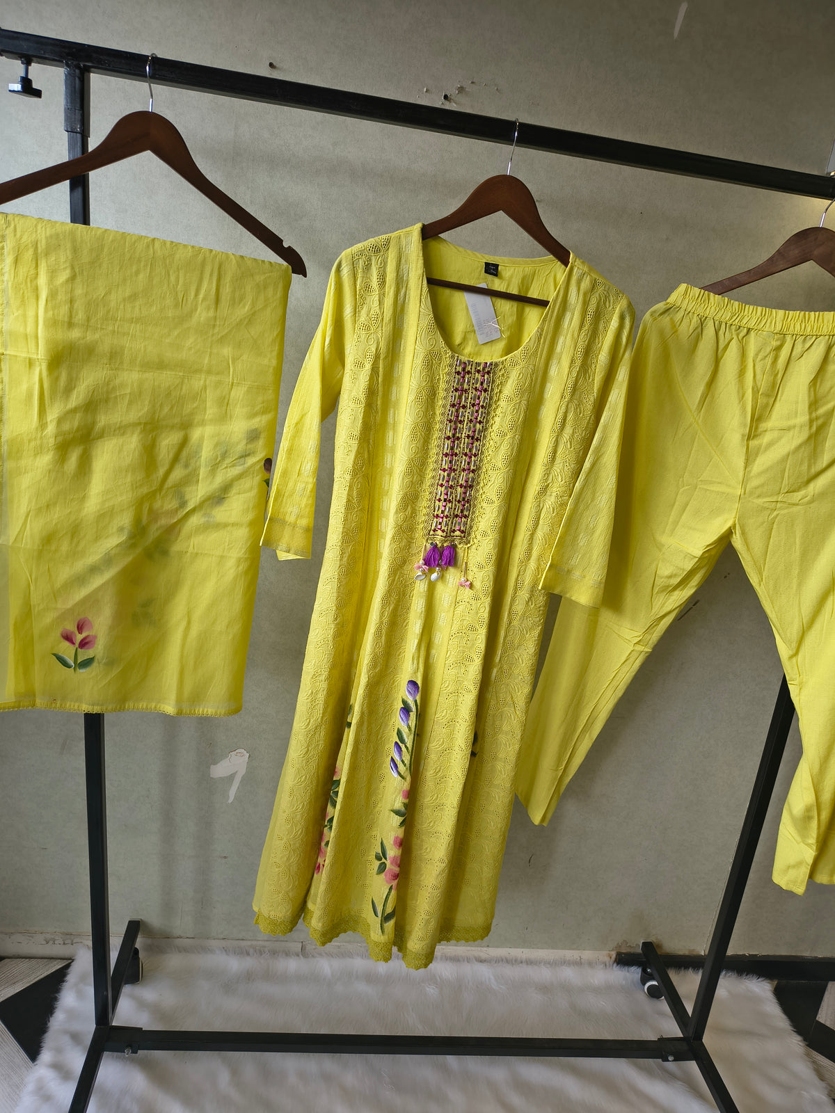 Premium Sunshine Yellow Schiffli Embroidered Kurta Set with Floral Handwork & Dupatta