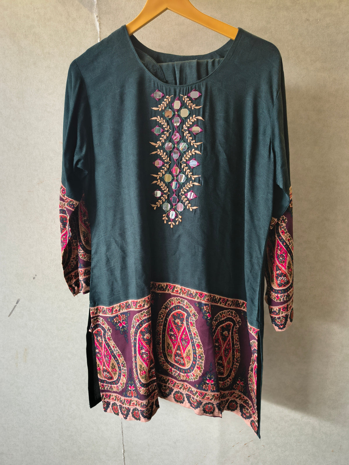 Premium Teal Mirror Work Printed Kurta Pant Co-Ord Set