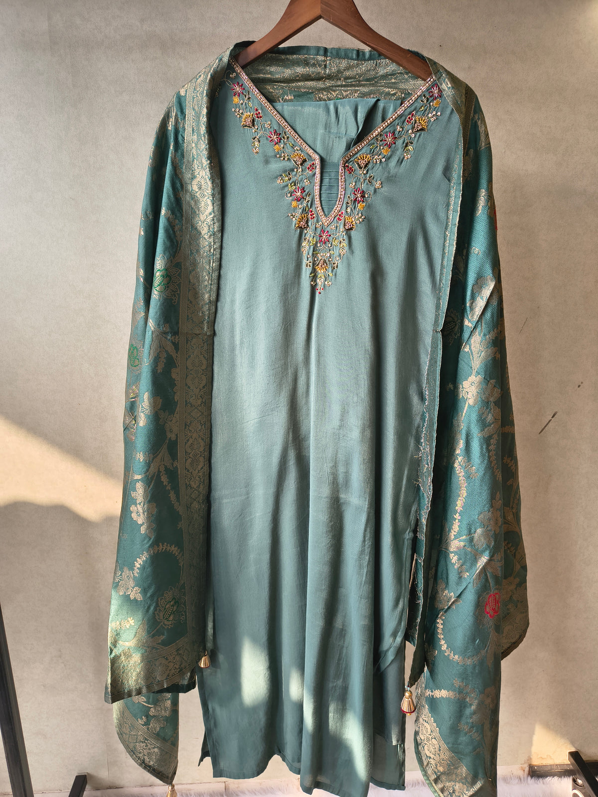Premium Teal Silk Blend Embroidered Kurta Set with Woven Dupatta & Straight Pants