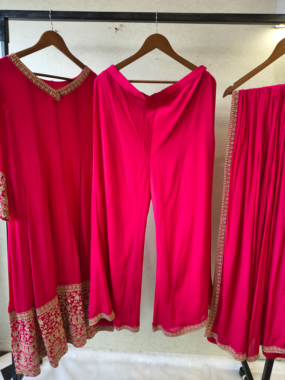 Rani Pink Embroidered Straight Kurta Set with Dupatta | Premium 3 Piece Festive Ethnic Suit