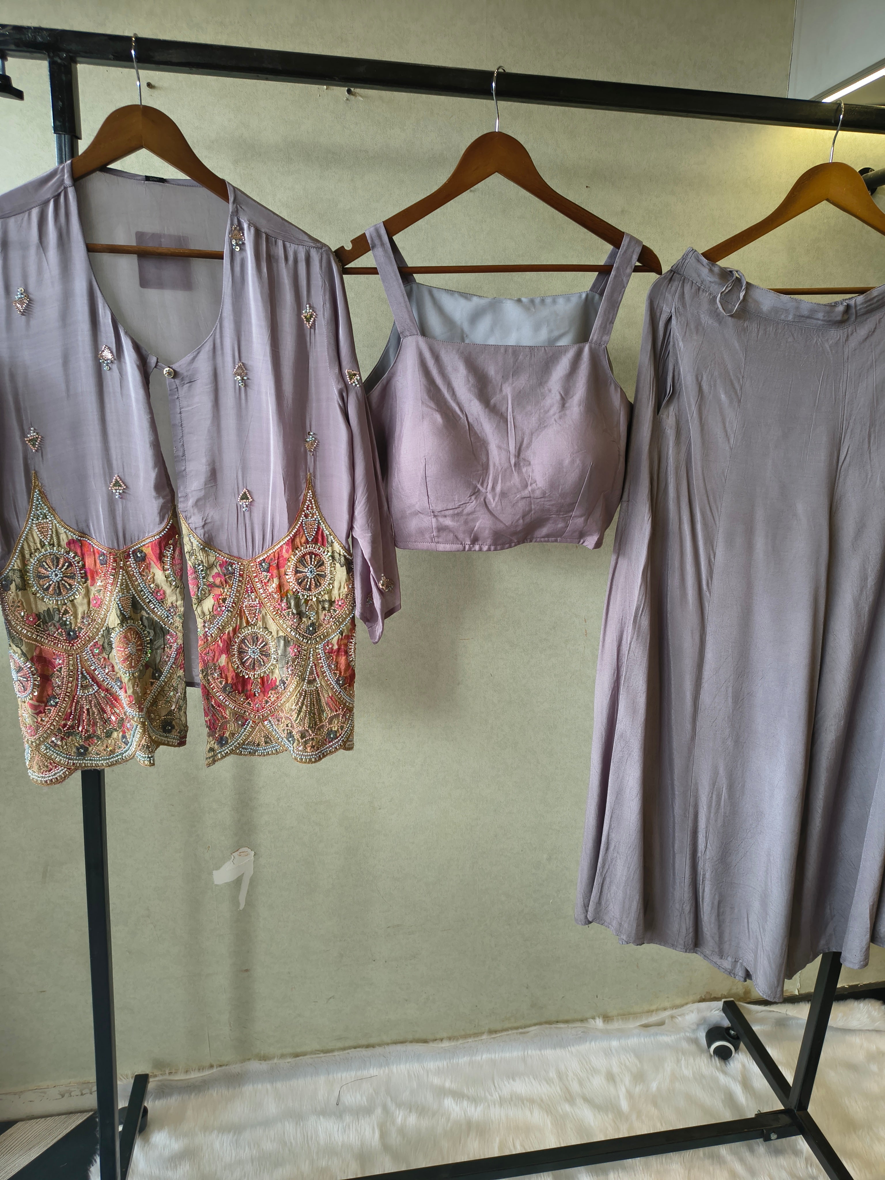 Image of Dusty Mauve Tissue Silk Embroidered Peplum Jacket with Bustier & Flared Palazzo – 3 Piece Designer Indo-Western Set