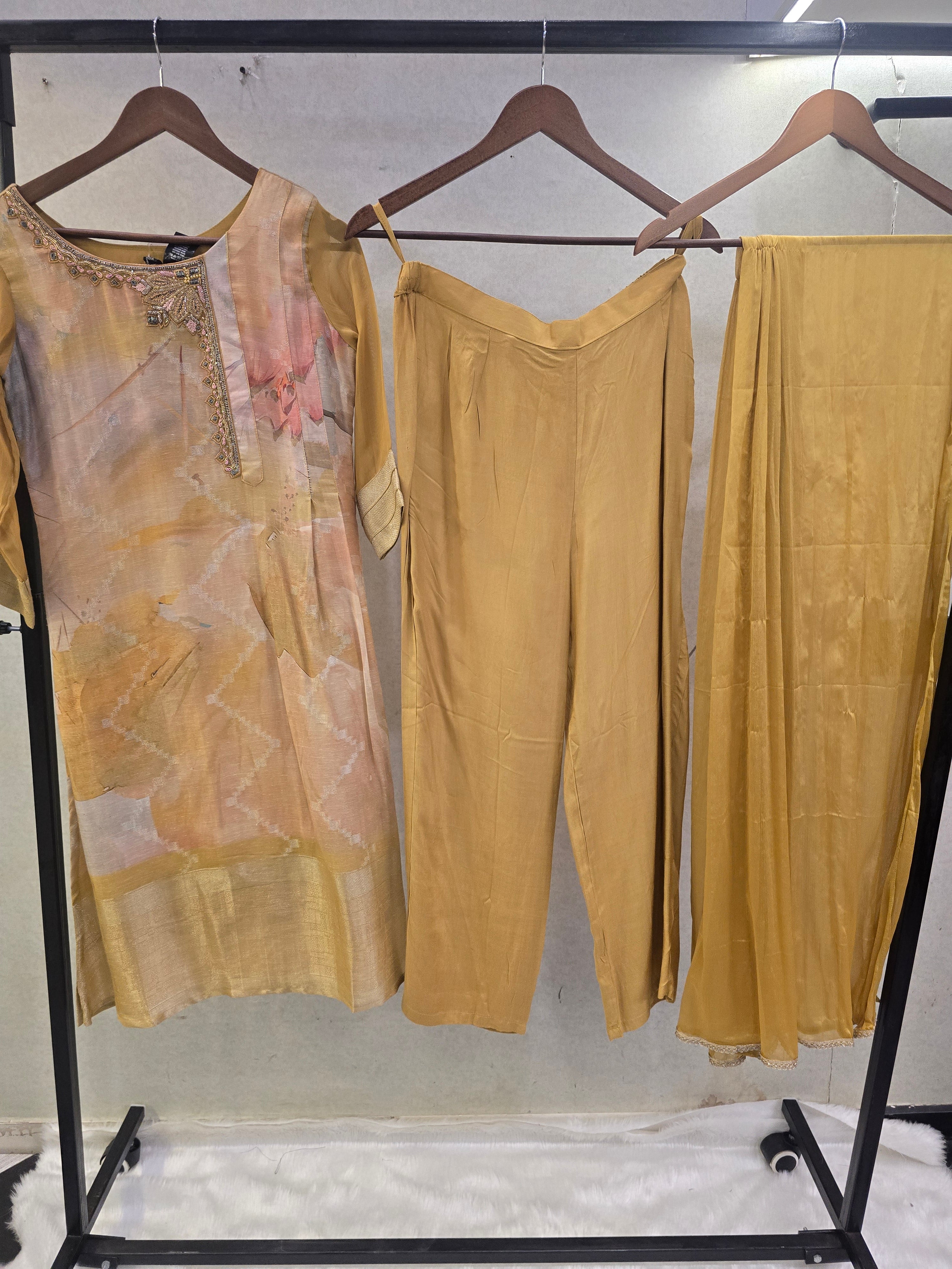 Image of Mustard Abstract Printed Designer Kurta Set with Chiffon Dupatta | Premium 3 Piece Ethnic Suit