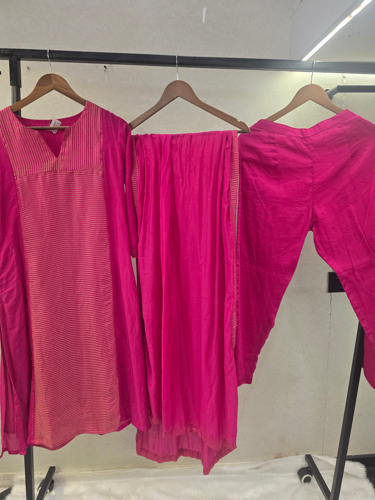 Fuchsia Pink Textured Straight Kurta Set with Woven Panel & Matching Dupatta | Premium 3 Piece Ethnic Ensemble