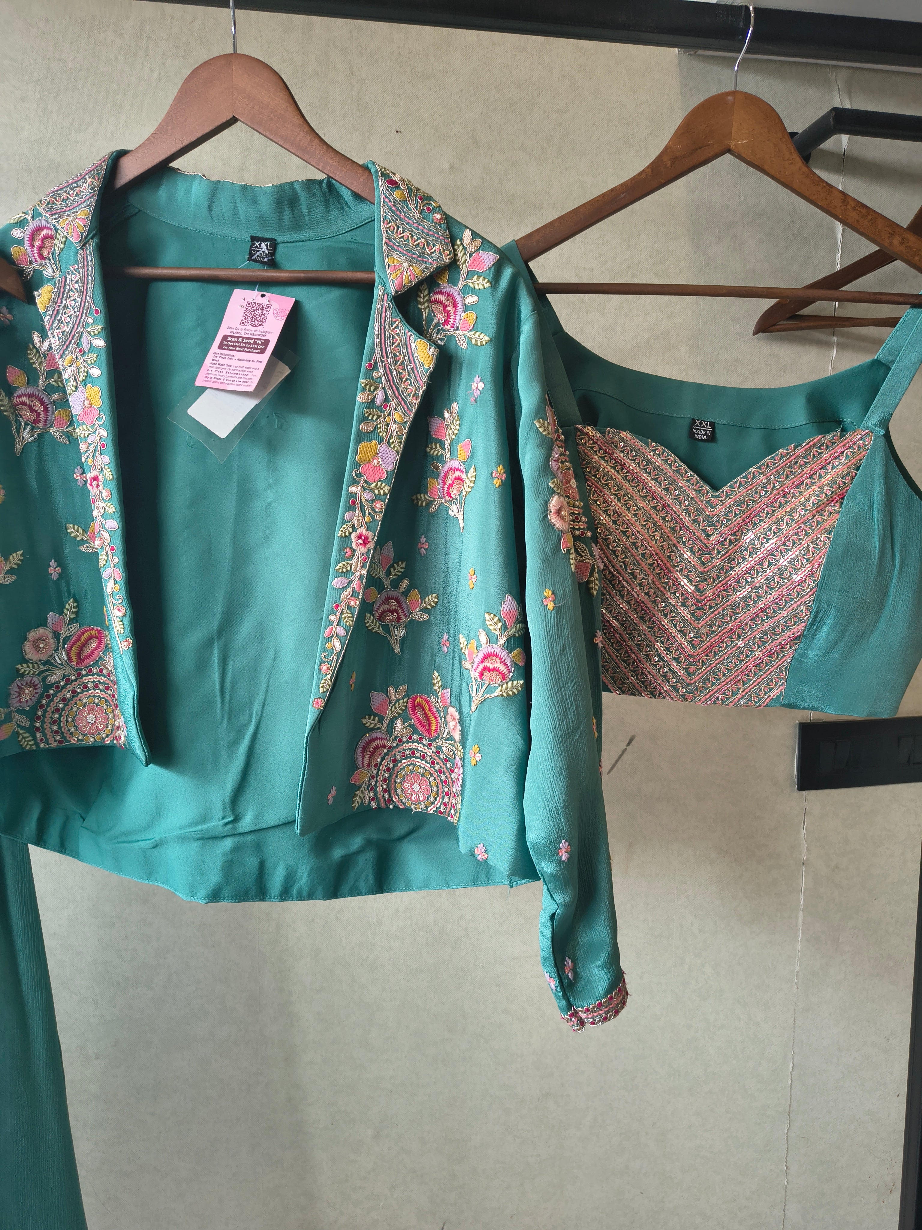 Image of Premium Emerald Green 3-Piece Designer Palazzo Set with Heavy Embroidered Jacket & Sequins Blouse