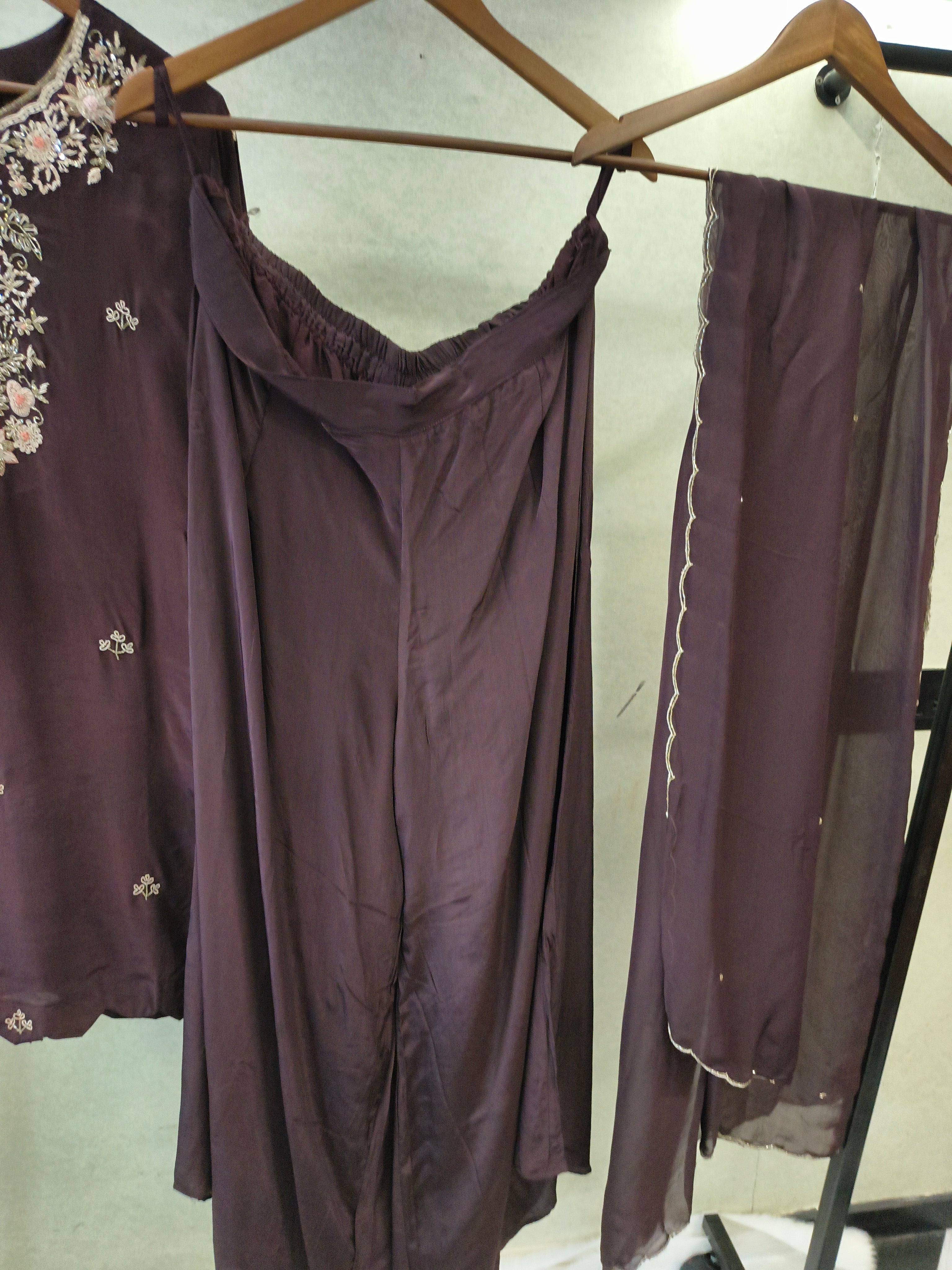 Image of Chocolate Brown Embroidered Straight Kurta Set with Wide Palazzo & Chiffon Dupatta | Premium 3 Piece Festive Ensemble