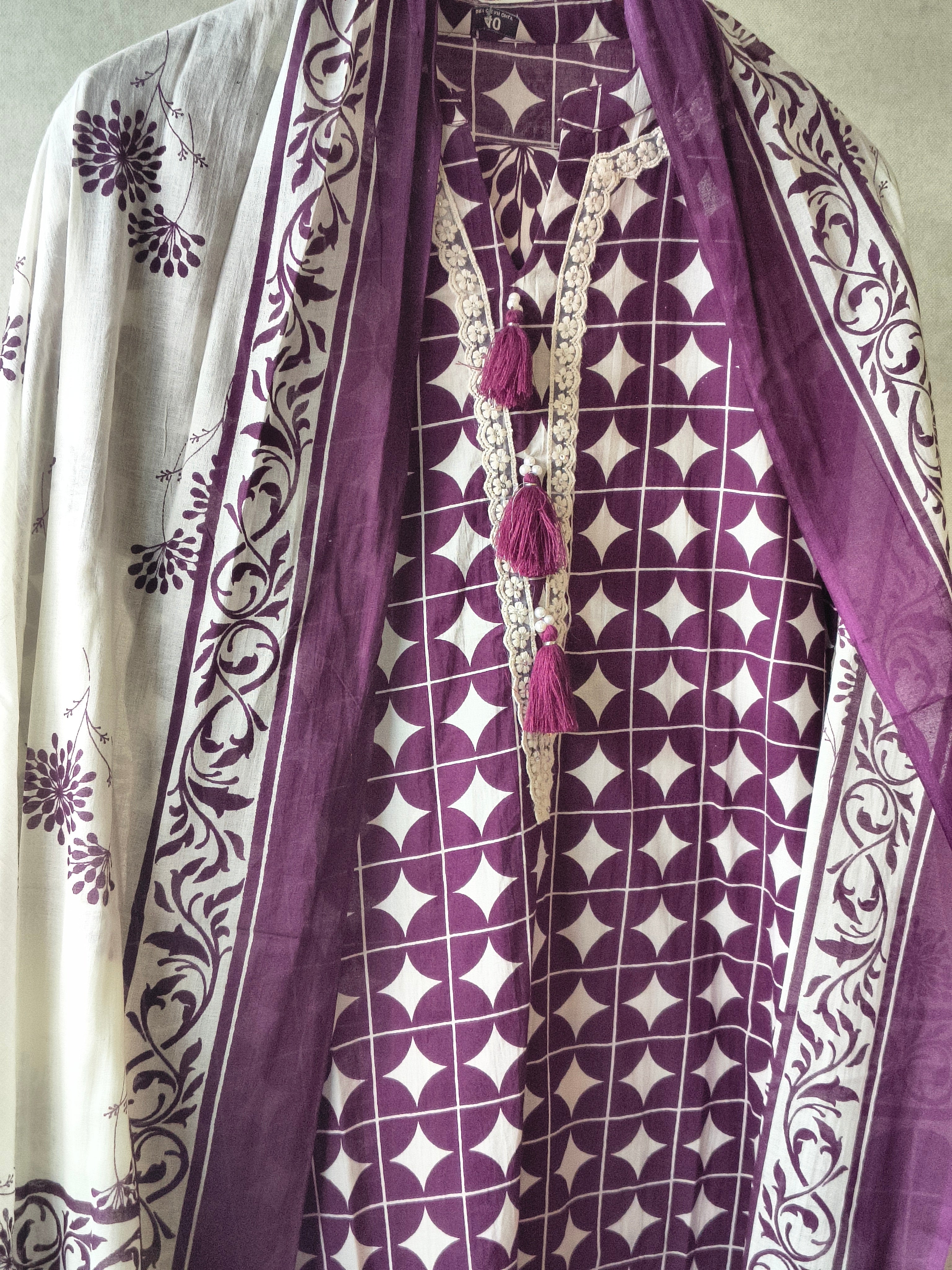 Image of Premium Plum Geometric Printed Cotton Kurta Set with Floral Printed Pants & Dupatta