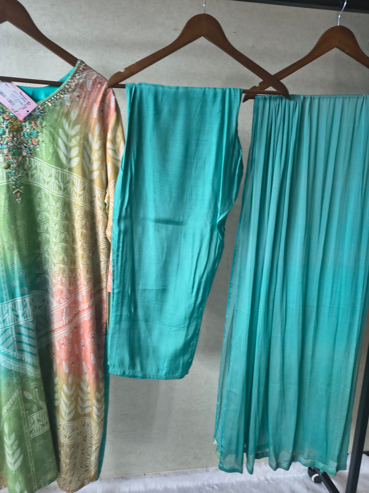 Premium Aqua Ombre Printed Kurta Set with Hand-Embellished Neckline, Solid Pants & Chiffon Dupatta