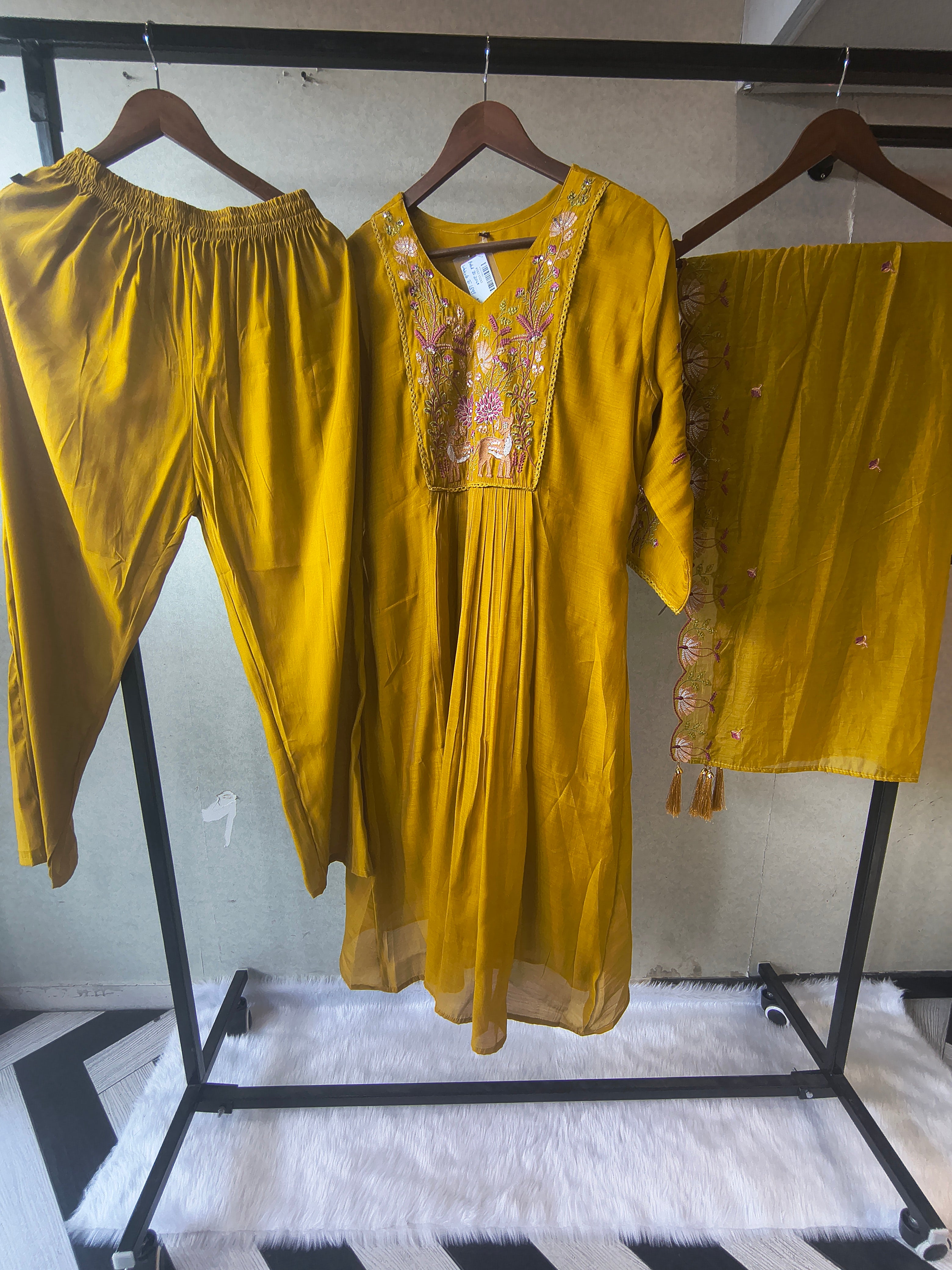 Image of Mustard Yellow Cotton Blend 3-Piece Suit Set with Floral Embroidered Yoke & Tassel Dupatta