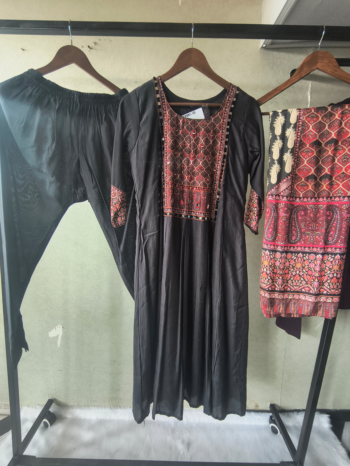 Premium Black Printed Anarkali Kurta Set with Ethnic Yoke, Solid Pants & Designer Dupatta