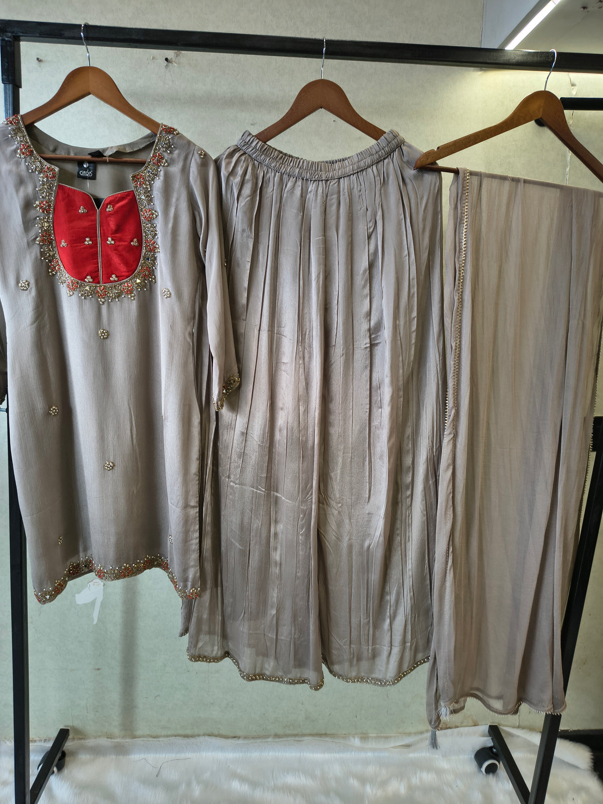 Pearl Grey Embellished Straight Kurta Set with Handcrafted Neckline, Wide Palazzo & Chiffon Dupatta | Premium 3 Piece Festive Ensemble