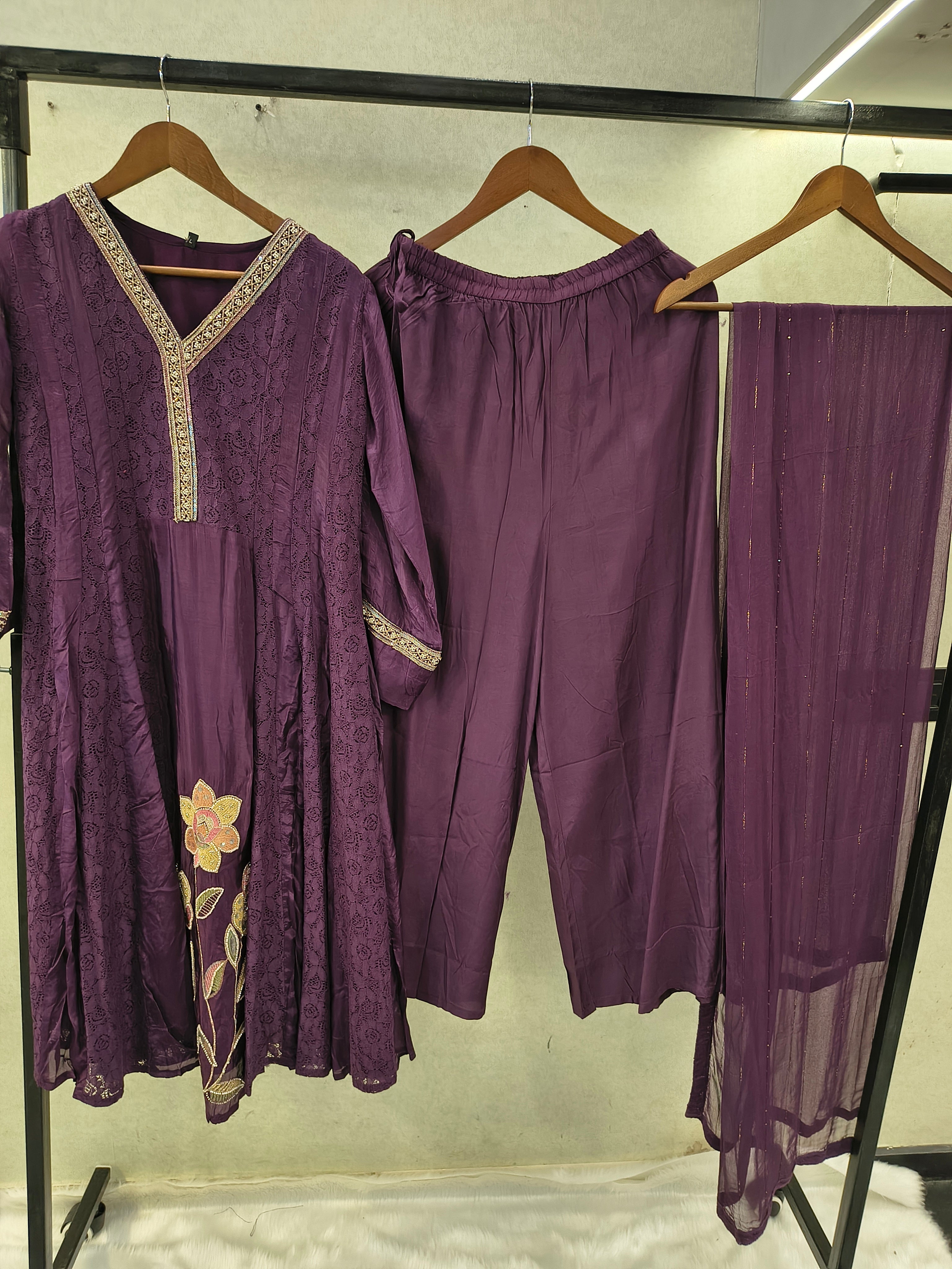 Image of Royal Purple Designer Lace Panel Anarkali Kurta Set with Floral Embroidery & Sheer Dupatta | Premium 3 Piece Festive Ensemble